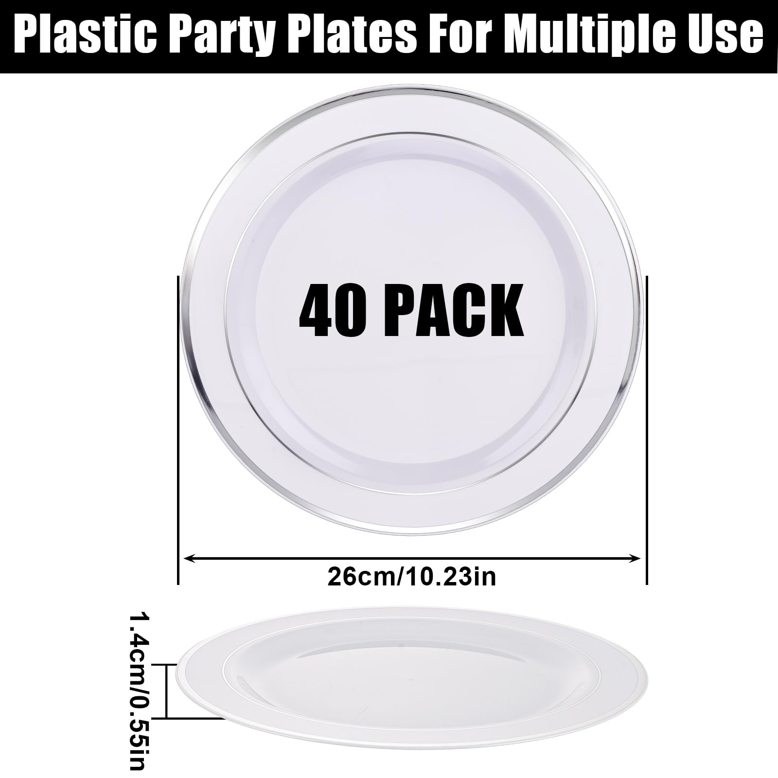SENENQU Confezione da 40 piatti di plastica riutilizzabili, 26 cm, piatti in plastica per feste con bordo argentato, piatti piani in plastica infrangibili, per feste di compleanno, catering
