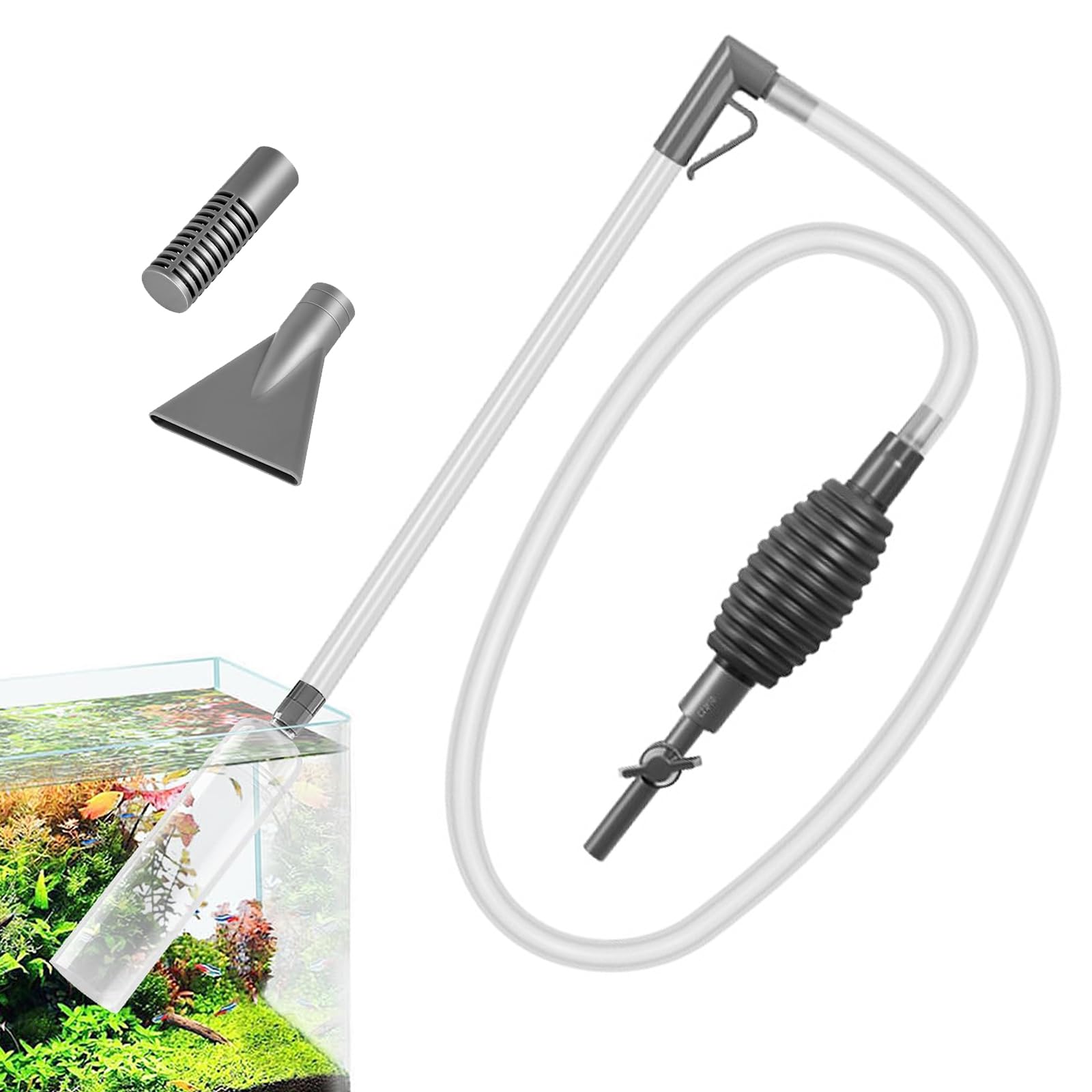Sifonador Acuario, 1.7 M Limpiafondos Acuario, Sifonador Acuarios Juego De Limpieza de Acuarios Cambio de Agua con Estropajo de Limpieza Cepillo (Gris)