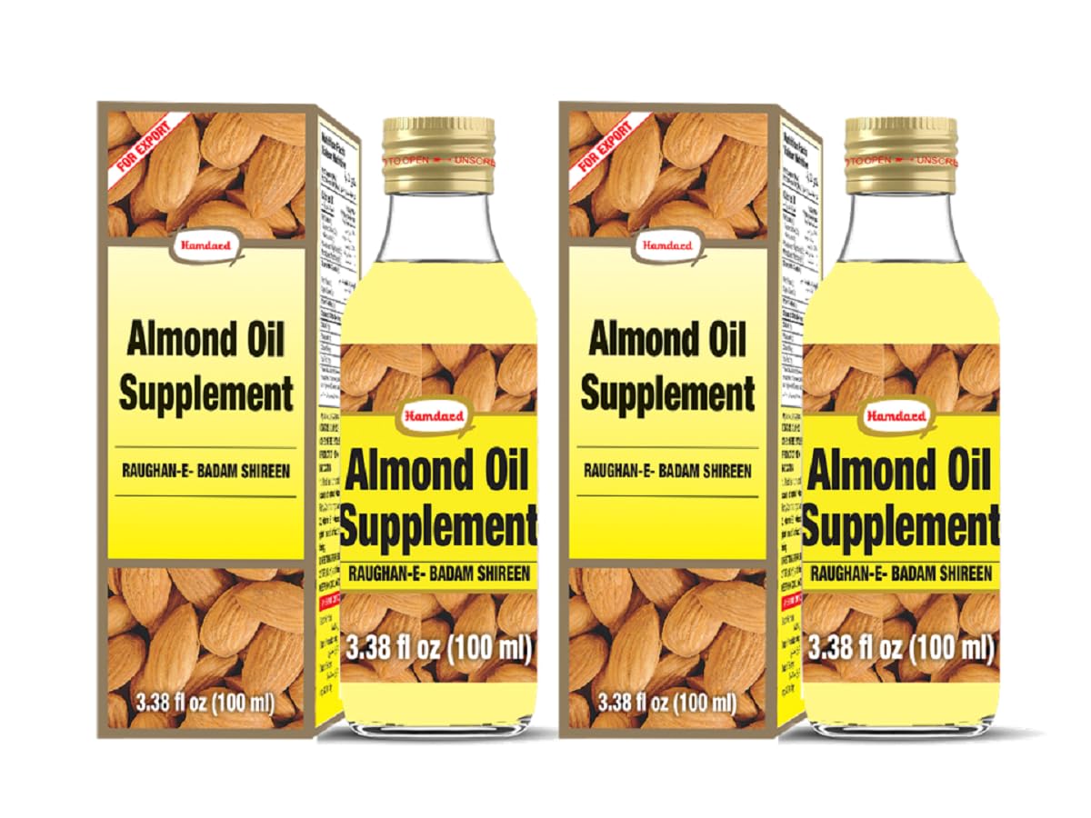 Hamdard Roghan Badam Shirin Almond Oil 100ml / 3.38Fl Oz (Pack of 2) – Pure, sweet almond oil for health, hair, and skin care