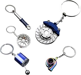 JOYCOURT 5PCS Metal Car Parts Key Chain Set with Brake Rotor, Worm Wheel, Tire Rim, Spring, Manual Gear Shift Box Keychain (Style 2)