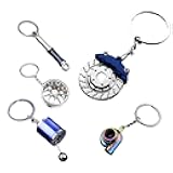 5PCS Metal Car Parts Key Chain Set with Brake Rotor, Worm Wheel, Tire Rim, Spring, Manual Gear Shift Box Keychain (Style 2)
