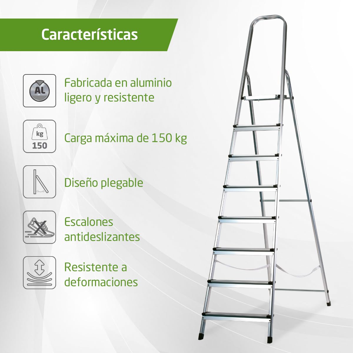 Amig - Escalera Plegable con 8 peldaños - Aluminio - Peldaños Pequeños: 28x8 cm - Peldaño Grande: 25x25x28 cm - Uso Doméstico - Carga Máxima 150 kg