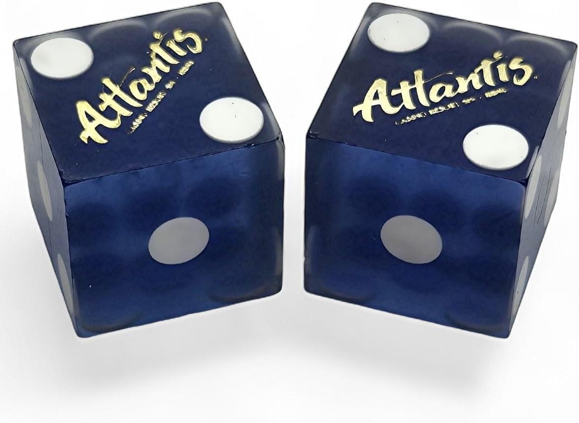 Wide Selection Authentic Lake Tahoe Reno Nevada Casino Table-Played Craps Dice Pair with Storage Pouch, Matching Serial Numbers (Reno Atlantis - Blue Frosted)