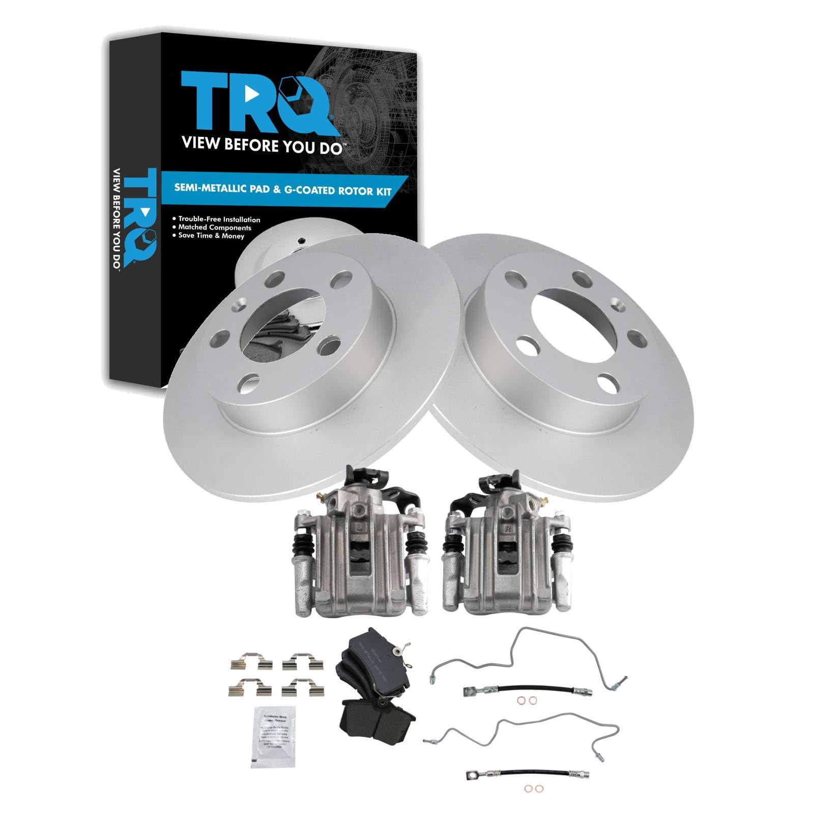 TRQ Rear Brake Pad and Rotor Set Semi Metallic Coated Rotors Calipers Compatible with 2007-2010 Volkswagen Beetle 1999 Golf