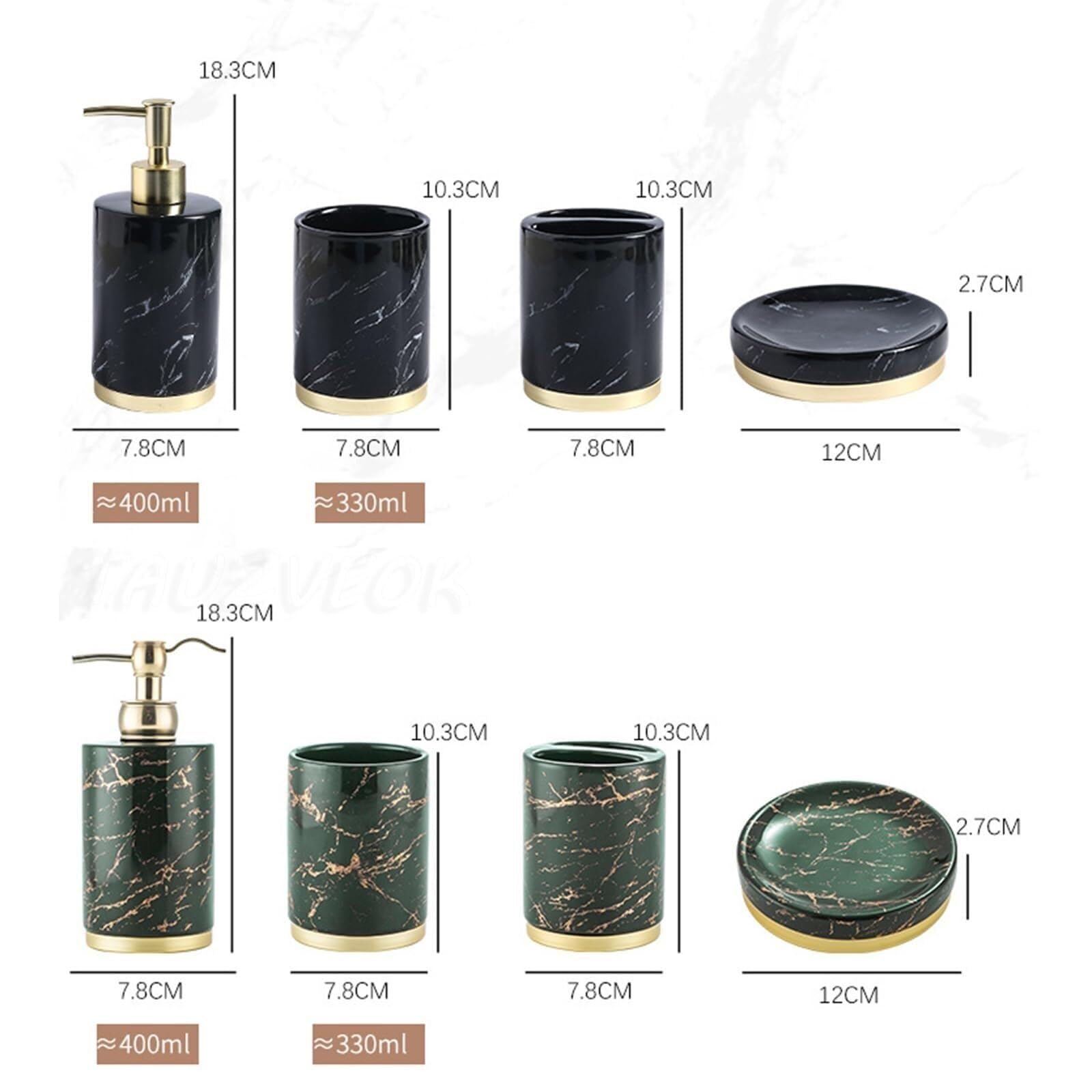 Set di accessori per il bagno Set di 5 dispenser sapone in ceramica, 3 bicchieri for spazzolini, portaoggetti, stile Coastal Deco Arredamento per gli affittuari(Green)