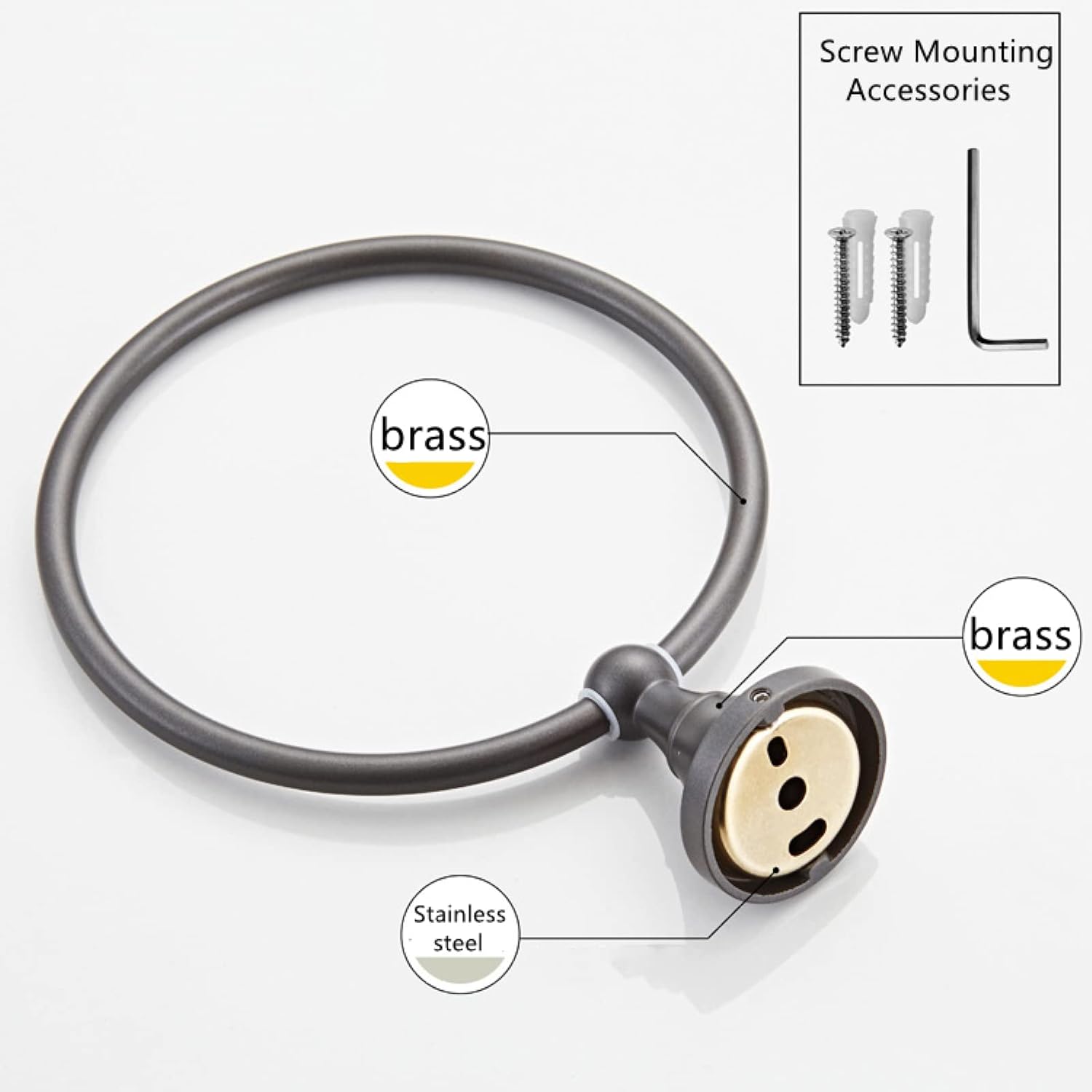 Modern Dark Grey Wall Mounted Brass Towel Ring Holder for Bathroom 18cm Round Towel Rack,Grey-18cm