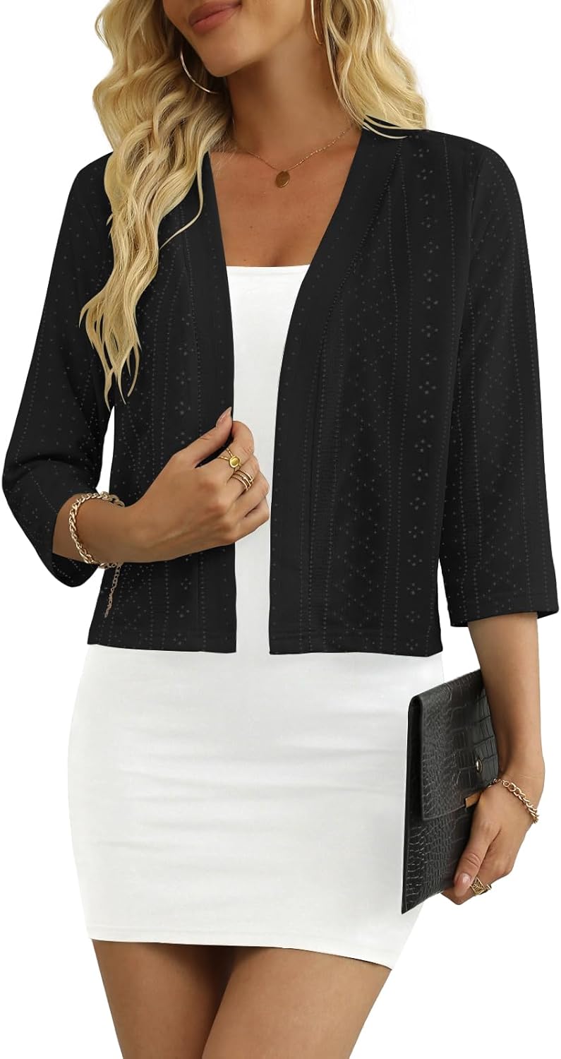 Women's 3/4 Sleeve Cropped Cardigan Lightweight Open Front Shrug Cardigans
