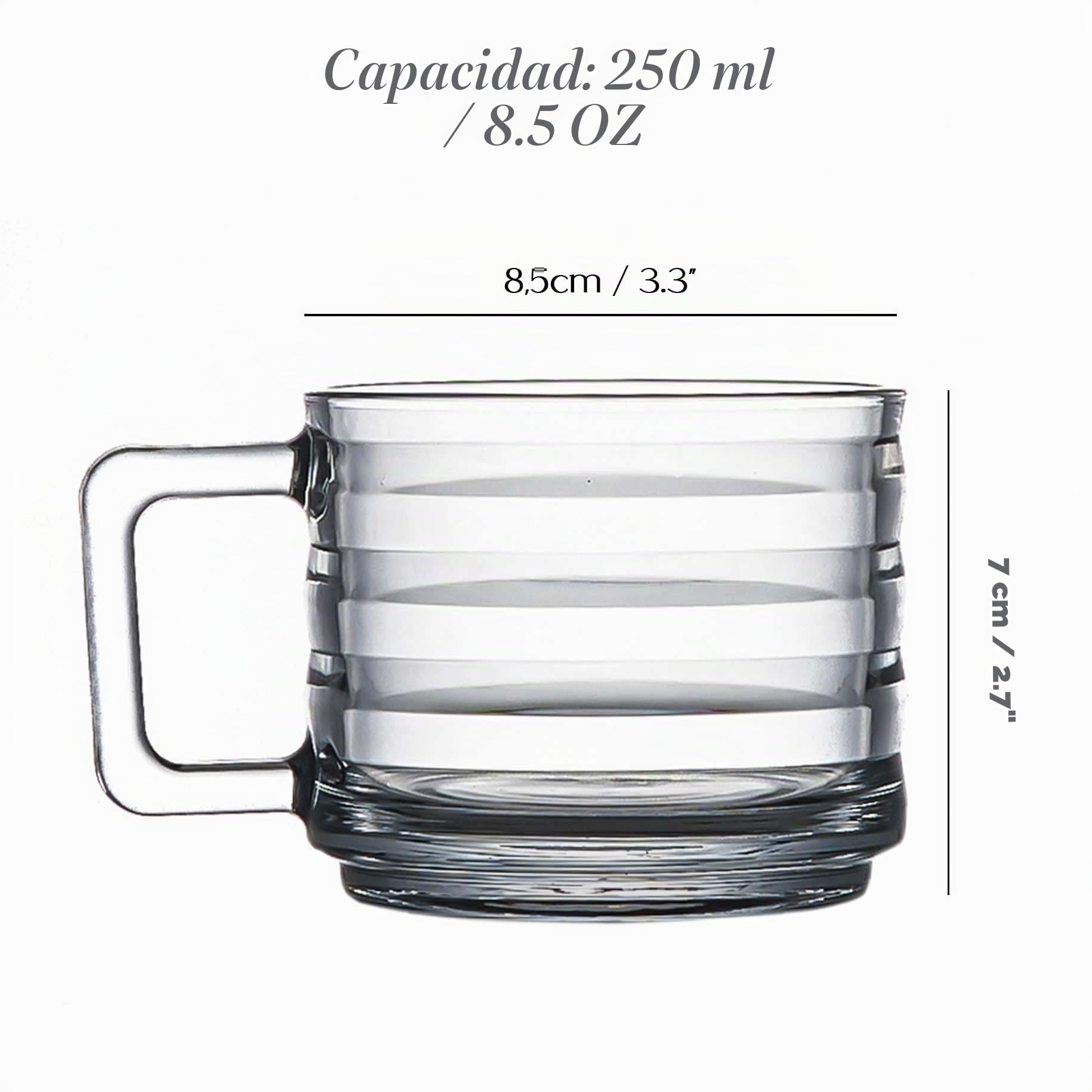 Juego de 6 Tazas de Vidrio Apilables para Café, Capuchino y Te - Vasos Totalmente Templados Con Asas para Bebidas Calientes (250 cc/8,5 oz)