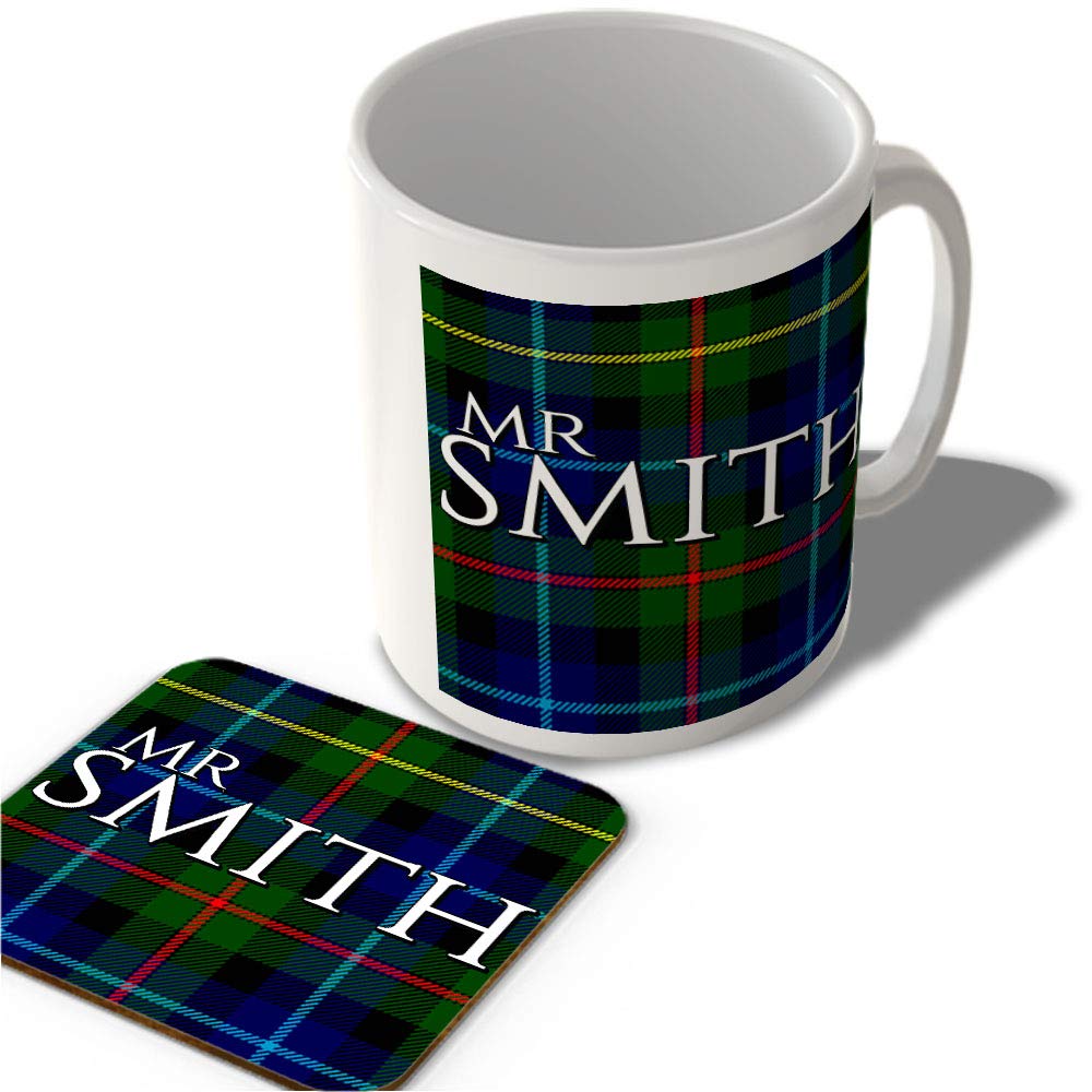 Mcmug White - Mr Smith - Smith Modern Tartan - (Full Background) - Scottish Mug And Coaster Set, Ceramic, 11Fl.oz.