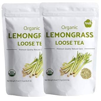Organic Lemongrass Tea Loose Leaf Cuts, Cymbopogon Flexuosus Cut and Sifted, East Indian Lemongrass, Malabar Grass, Delicious, Relaxing, Caffein Free Tea 08 Ounce Pack
