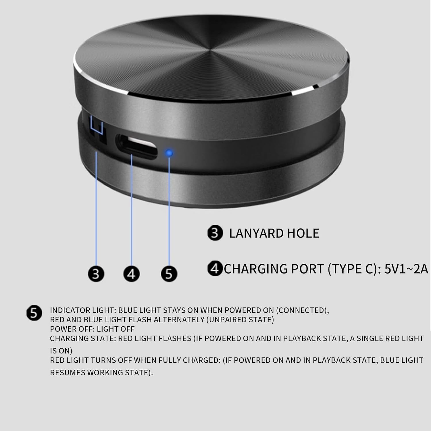 Close-up of the black Sticktune Mini Speaker showing the lanyard hole, Type-C charging port, and indicator light with labels.