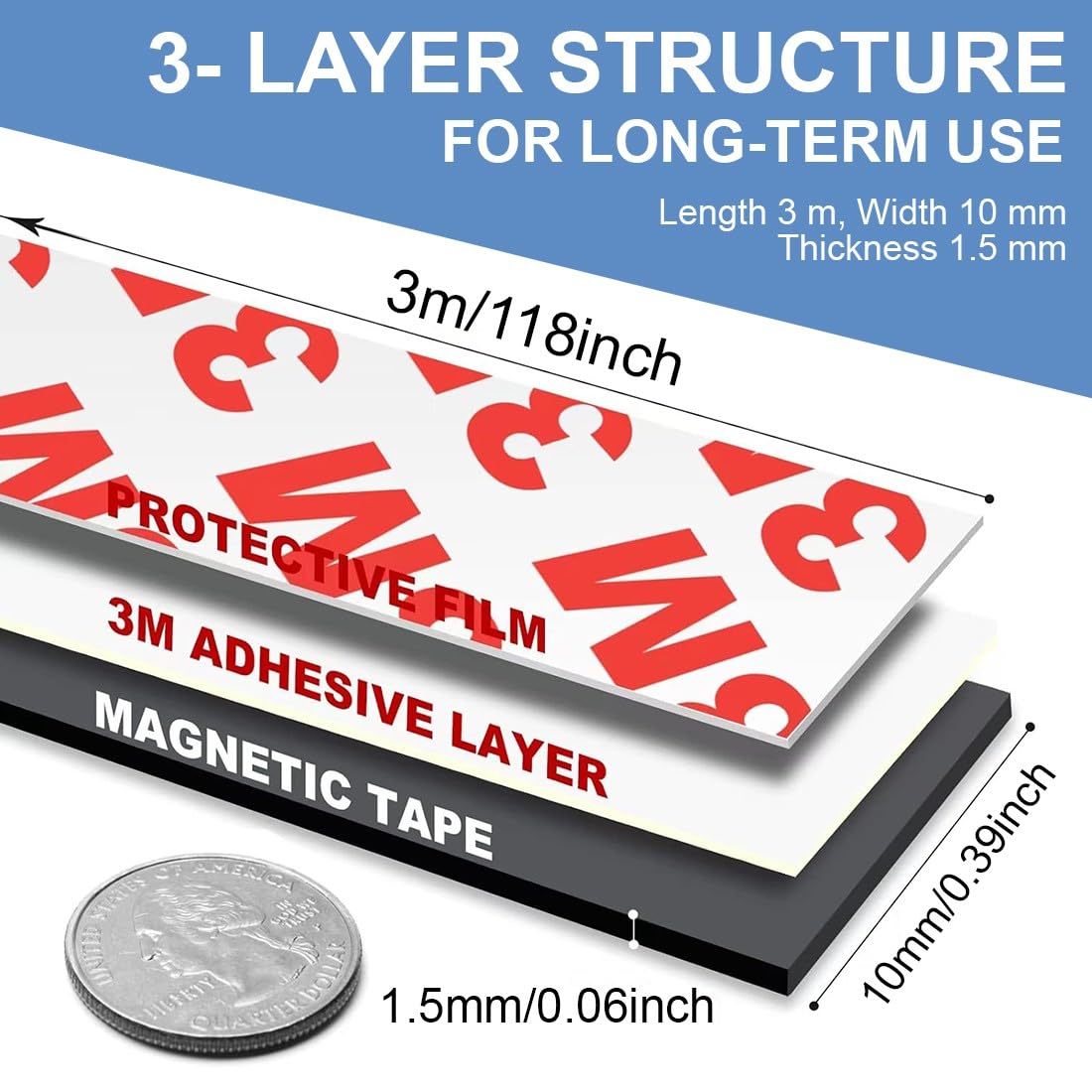 Nastro Magnetico Autoadesivo, 3 Metri Striscia Magnetica, Nastro Magnetico Adesivo, Strisce Magnetiche Forti Auto-adesive, con Attrazione Reciproca(10 mm de ancho y 1,5 mm de espesor)