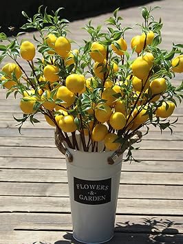 Fofetbfo 3 PCS 20 Inch Artificial Lemon Branches Fake Lemon Stems with Green Leaves Yellow Artificial Lemon Plants Fruit Floral Picks for Home Party Flower Arrangement DecorYellow