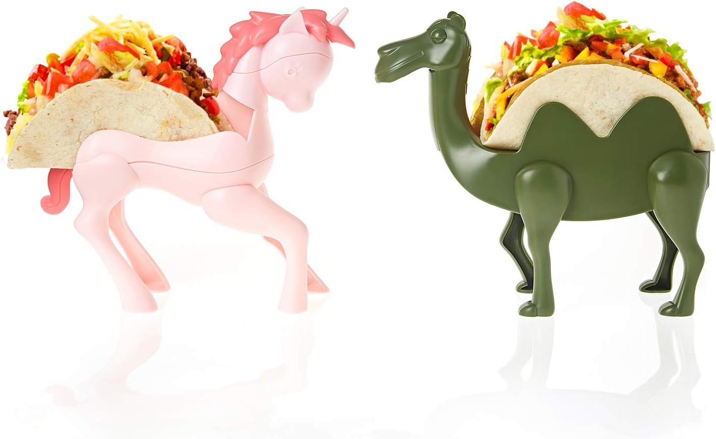 EASACE Animal Taco Holder for kids, Set of 2 Taco Stands, Holds Up to 2 Tacos Each Rack, Funny kid‘s Taco Plates, Dishwasher Safe, Perfect Gift for boys and girls (Unicorn & Camel)