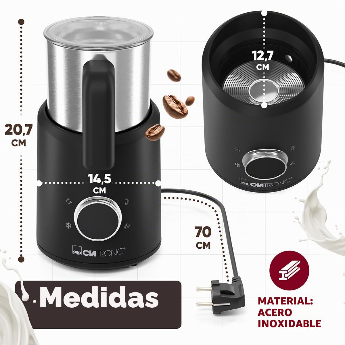 Clatronic® Espumador de leche eléctrico | con función de calentamiento | espuma caliente y fría | para una espuma espesa y cremosa | 740ml | espumador de leche eléctrico | MS 3812