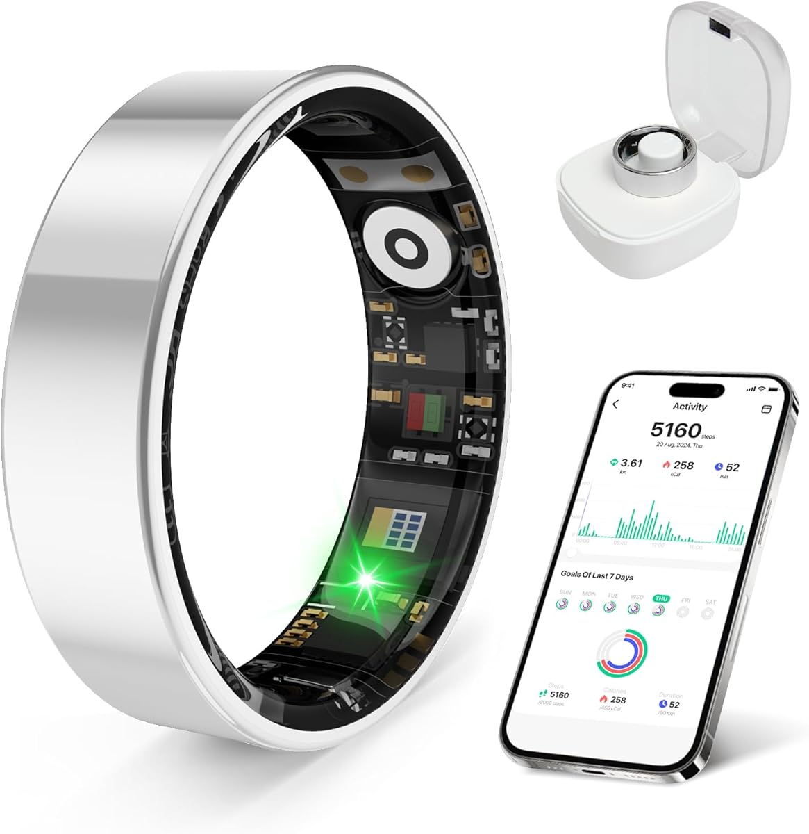 Smart Health Ring, Featuring Stress and Sleep Monitoring Functions, Compatible with iOS and Android,Waterproof Fitness Tracker for Women & Men, No Subscription Fee. (Silver, 8)