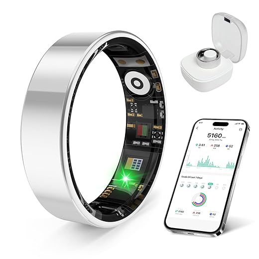 Smart Health Ring, Featuring Stress and Sleep Monitoring Functions, Compatible with iOS and Android, Waterproof Fitness Tracker for Women & Men, No Subscription Fee. (Silver, 7)