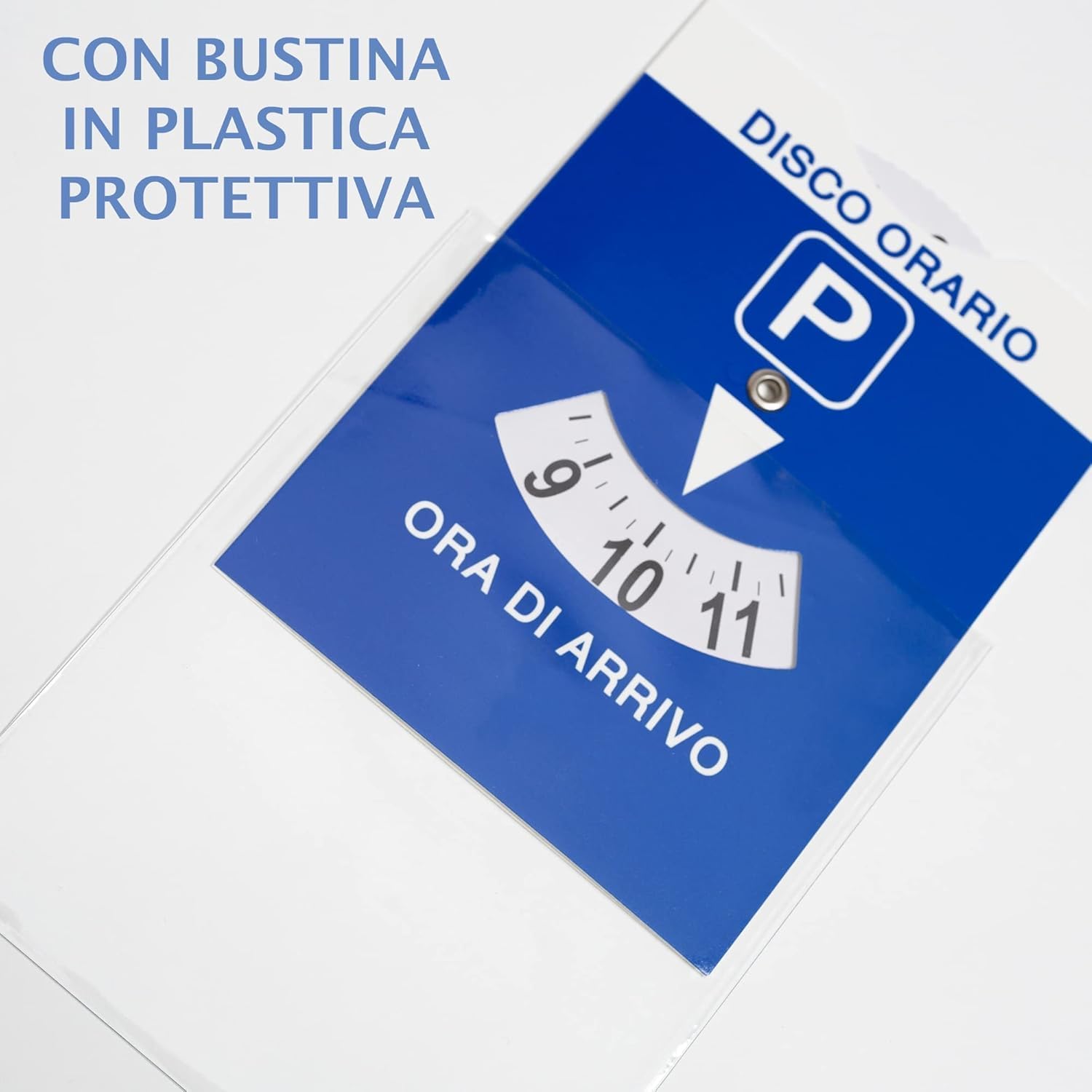 3 unidades – Disco horario para coche Maxi + Porta documentos de coche de plástico azul + bolsa protectora de PVC – 15 x 12 cm – Bienestar In Linea – Parquímetro, disco horario italiano para coche y