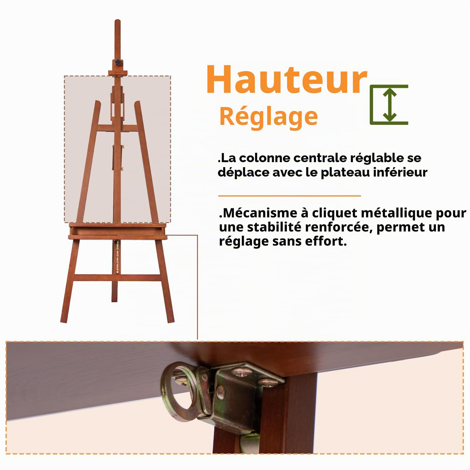DJAR Chevalet d'Atelier en Cadre A, Grand Chevalet de Sol Réglable en Bois de Hêtre avec Plateau de Rangement, Pour Toiles jusqu'à 124 cm, Finition Noyer