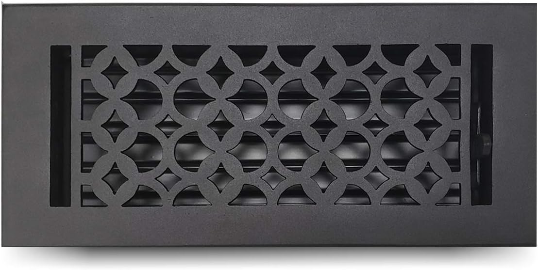 Prima Decorative Cast Aluminum Floor Register 4″ x 10″ Tudor Mushroom Design – Durable Air Vent Cover with Adjustable Dampers, VR100 Model, Black