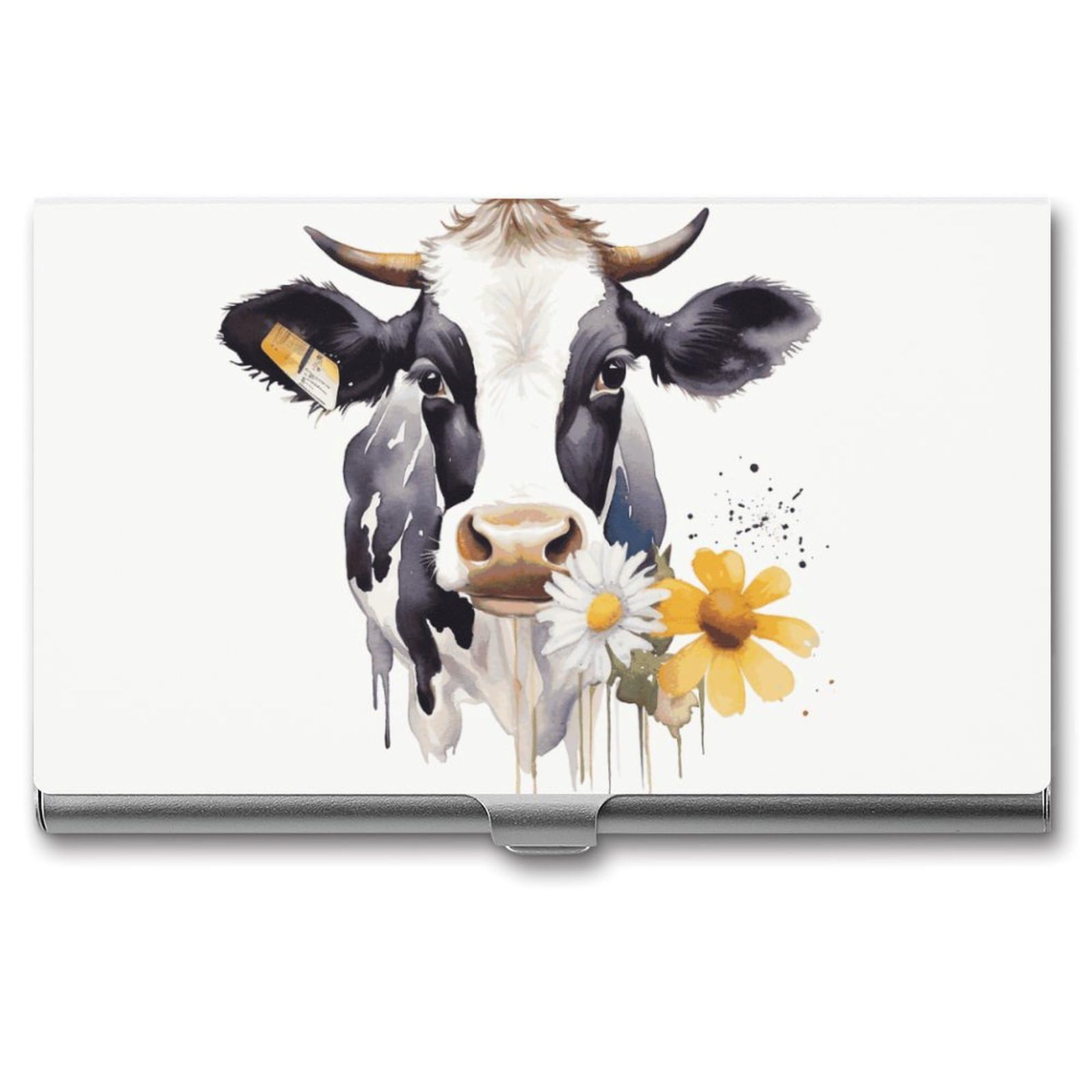 Btcowzrv Men's Style Watercolor Cow And Daisy Flower Business Card Holder Metal Slim Business Card Case, Pocket Card Holder For Wo Purse Name Card Holder Stainless Steel Wallet Credit Id Case For Office