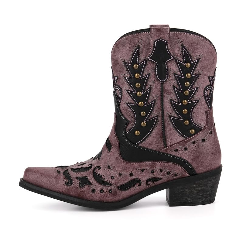 Only maker Womens Western Cowgirl Boots Short Embroidered Booties Pointed Toe Block Heel Ankle Boot