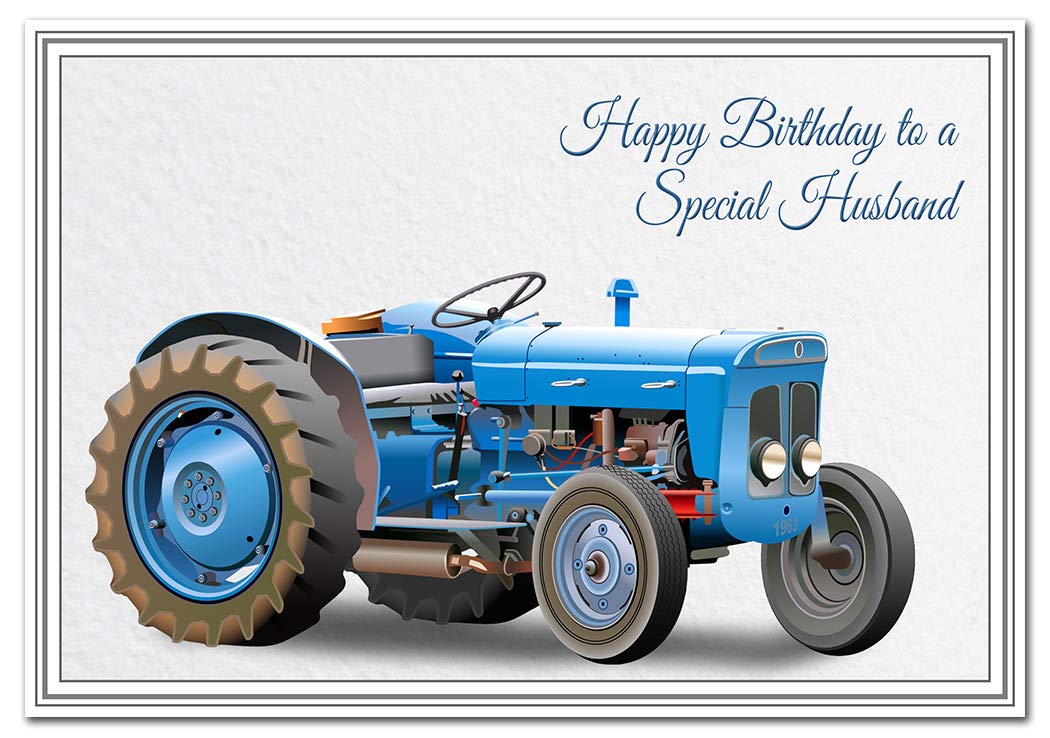 Birthday Card for Husband - Tractor Design - Special Farm Farming Farmers Greeting - Happy Best Wishes - Cool Unique Vector Art - Blank Inside - Unusual 1960s Super Dexta - Made in UK — image 1