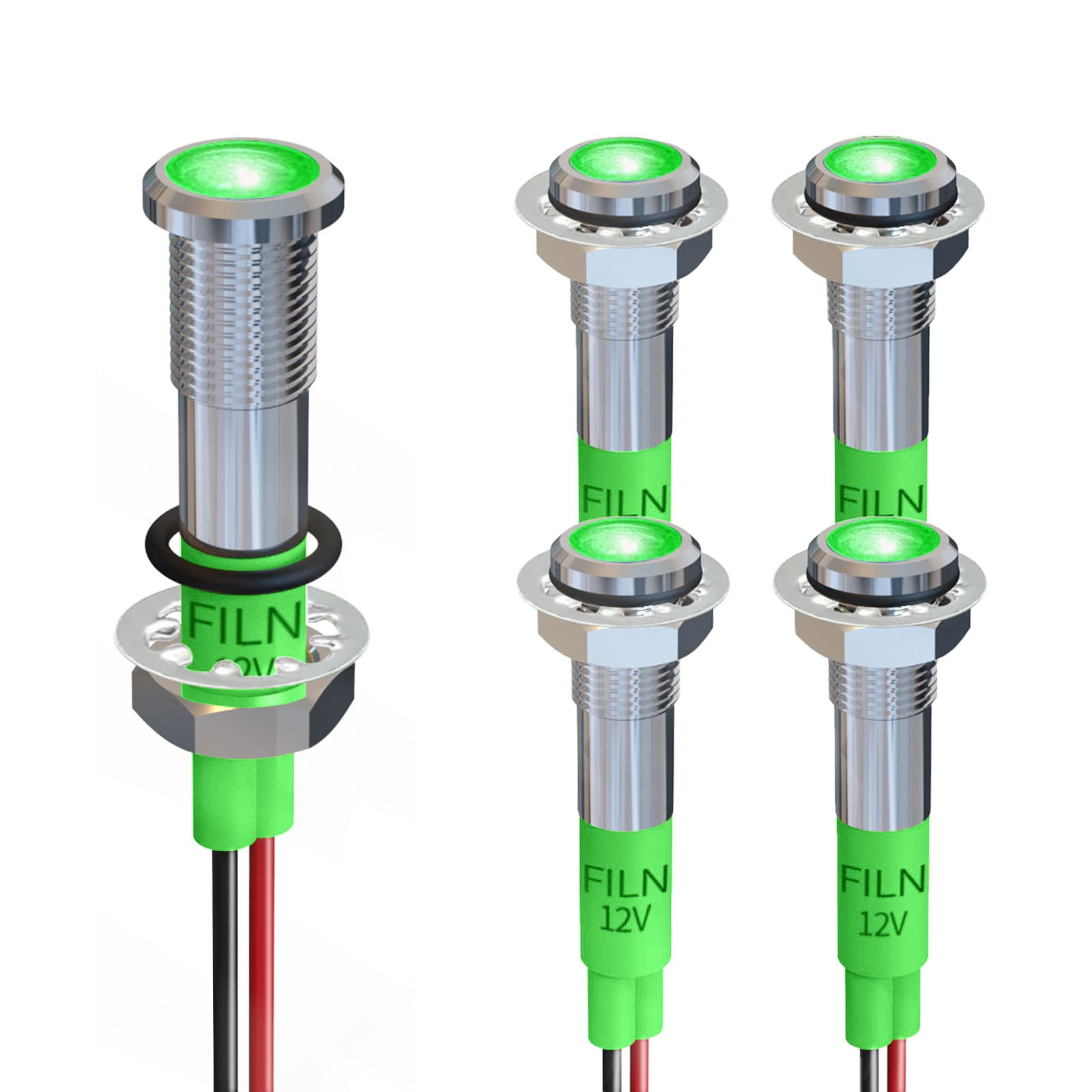 Photo 1 of FILN 5 PCS 6MM(1/4‘’) 12V LED Indicator Light Mini Copper Metal Waterproof IP67 Pilot Signal Lamp Red Green Yellow Blue White?[Brass Nickel Plated] Green 5 Pcs) Green [Brass Nickel Plated]/5
