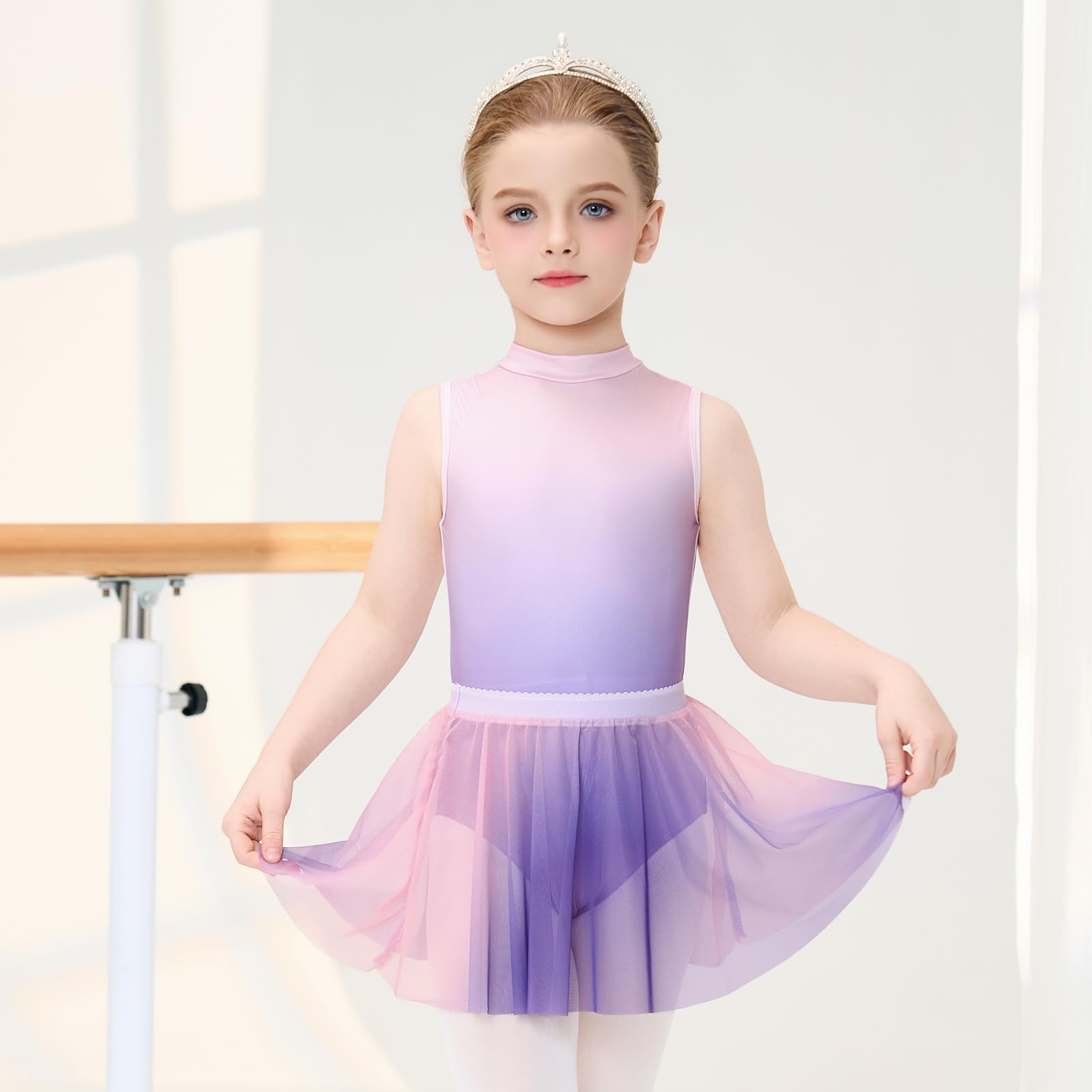 JiAmy Body da danza per ragazze, 4 pezzi, con gonna rimovibile, colore sfumato, vestito da danza con collant elastici 4-12 anni