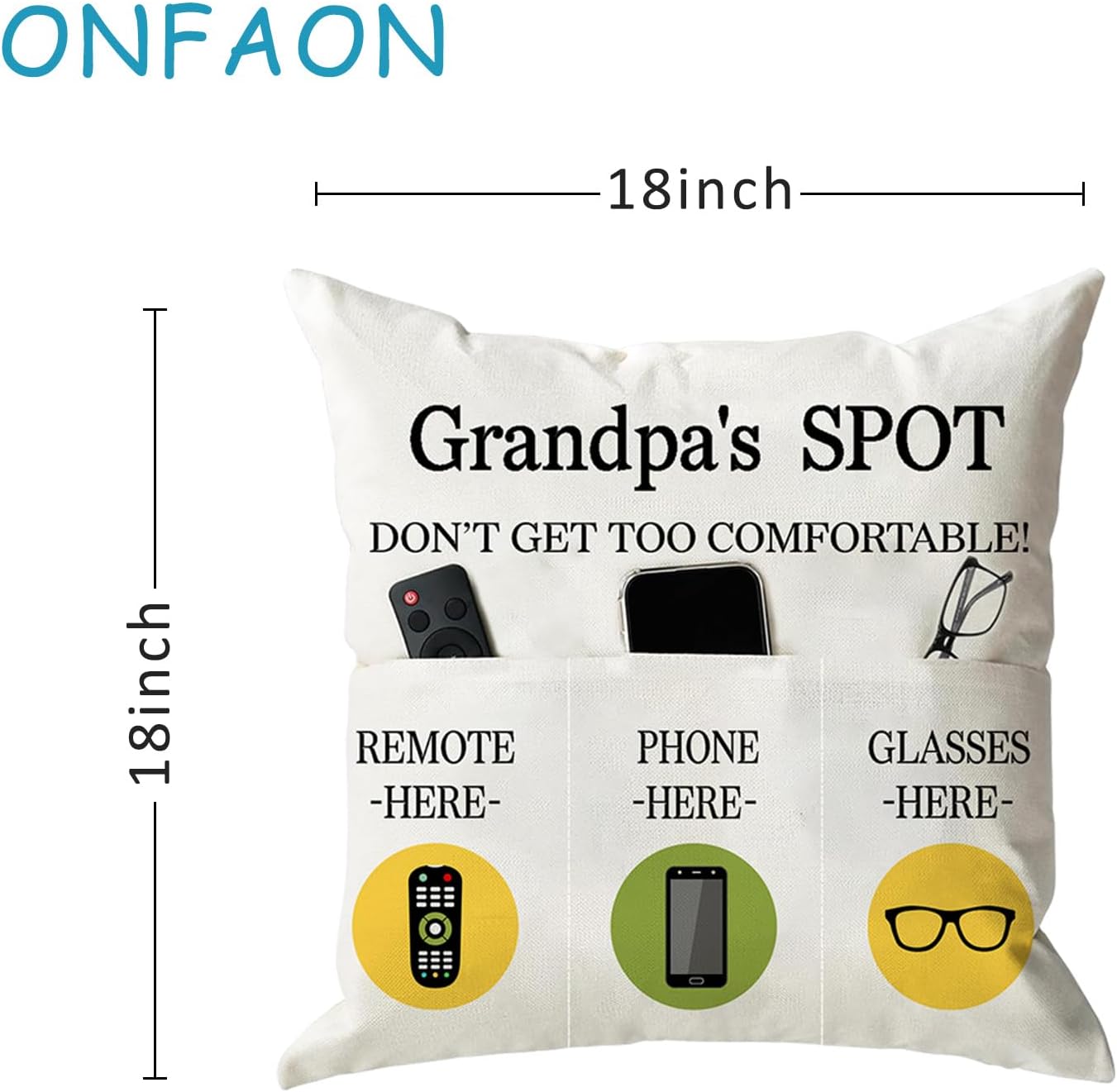 ONFAON Grandpa Gifts,Grandpa's Spot Throw Pillow Covers 18x18 Inch,Put Phone Glasses and Remote Control Pillowcase,Birthday Christmas Thanksgiving Day Gifts for Grandpa Stepdad,3-Pocket - Image 3