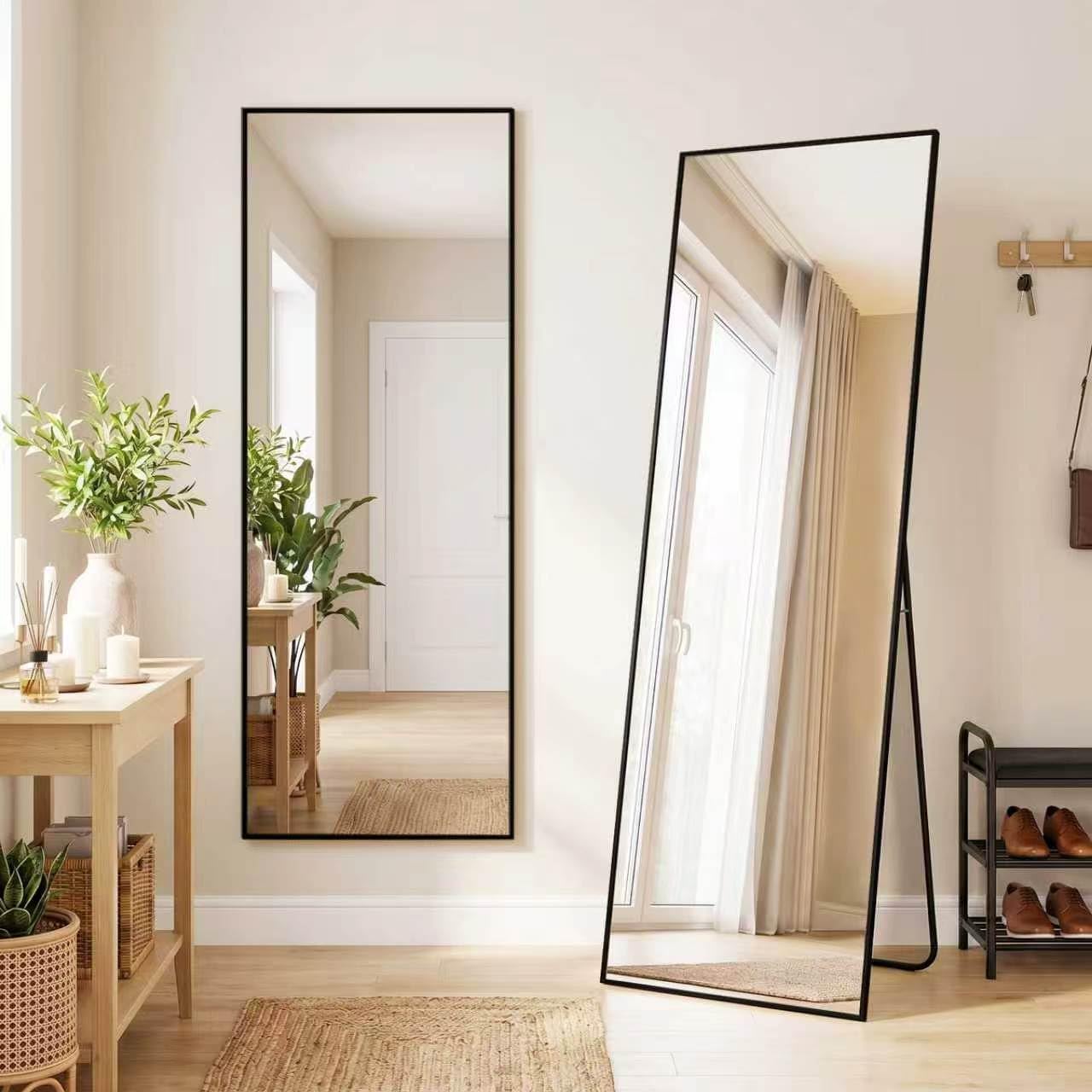 Arbor life 163x53cm Full Length Mirror, Rectangle Full Body Mirror with Stand, for Bedroom Living Room, Standing Hanging or Leaning Against Wall, Aluminum Alloy Frame, Tempered Glass, Black