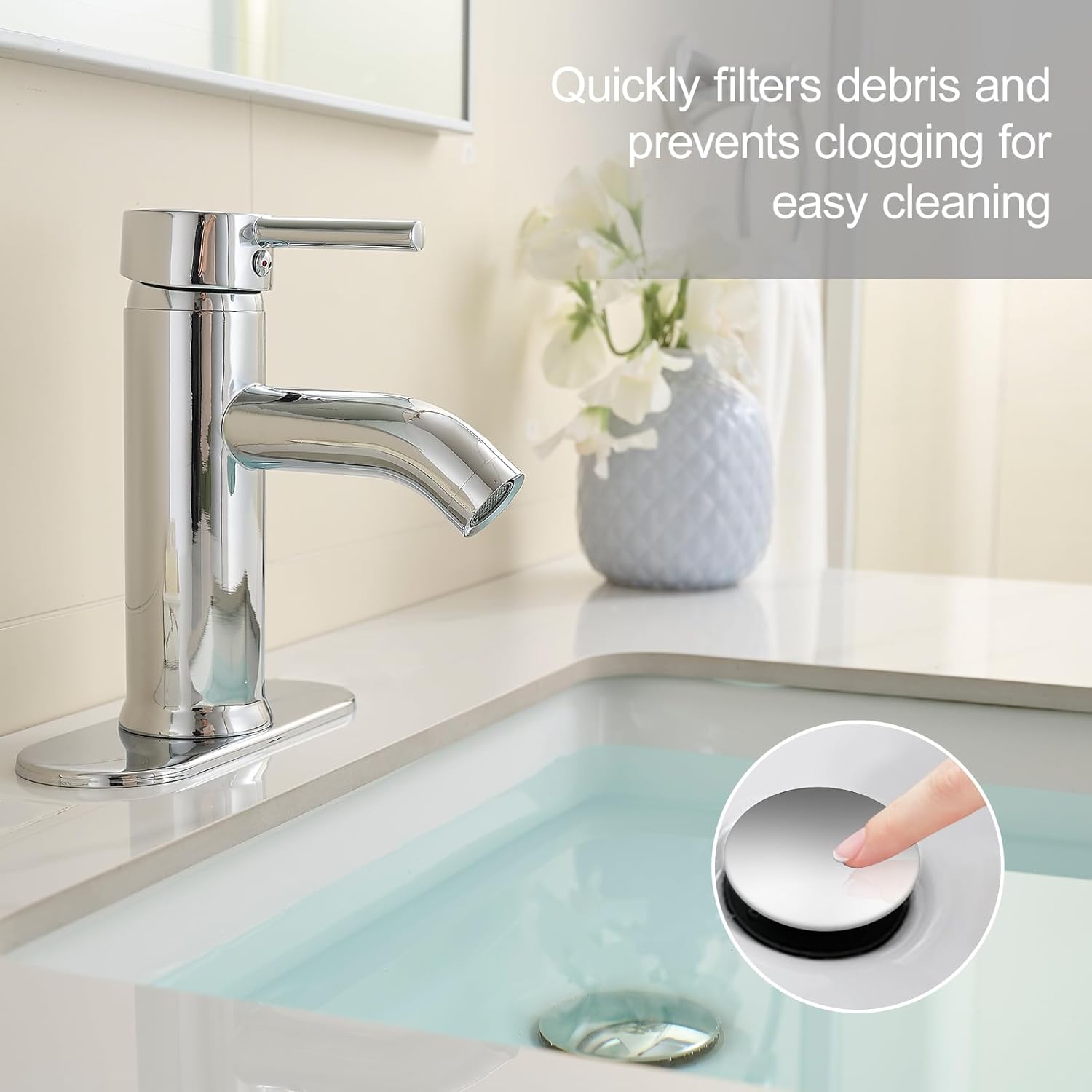 Chrome Bathroom Faucet PONAFOU Single Handle Faucet Single Hole with Pop-Up Drain and Supply Hoses for Bathroom Sink Vanity RV for 1 Hole or 3 Hole