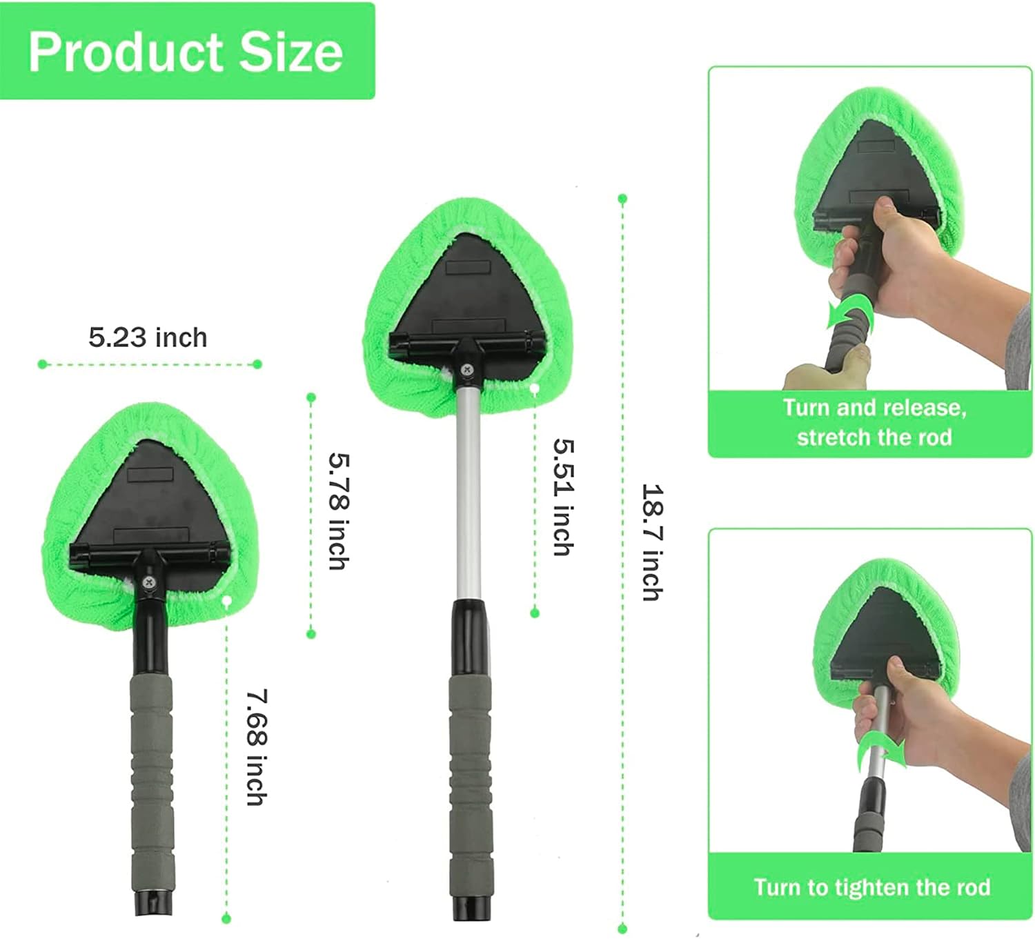 JUSTTOP Windshield Cleaning Tool, Car Window Cleaner with Unbreakable Extendable Long-Reach Handle and Washable Reusable Microfiber Cloth, Car Exterior Accessories, Green