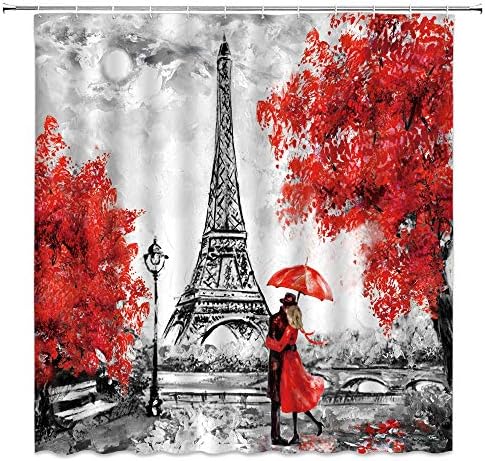 Tingrun Eiffel Tower Shower Curtain Romantic Couple Red Umbrella Trees Watercolor Paris City Scene Creative Building Retro Theme Picture Fabric Bathroom Curtain Set 71x71 Inch with Hooks