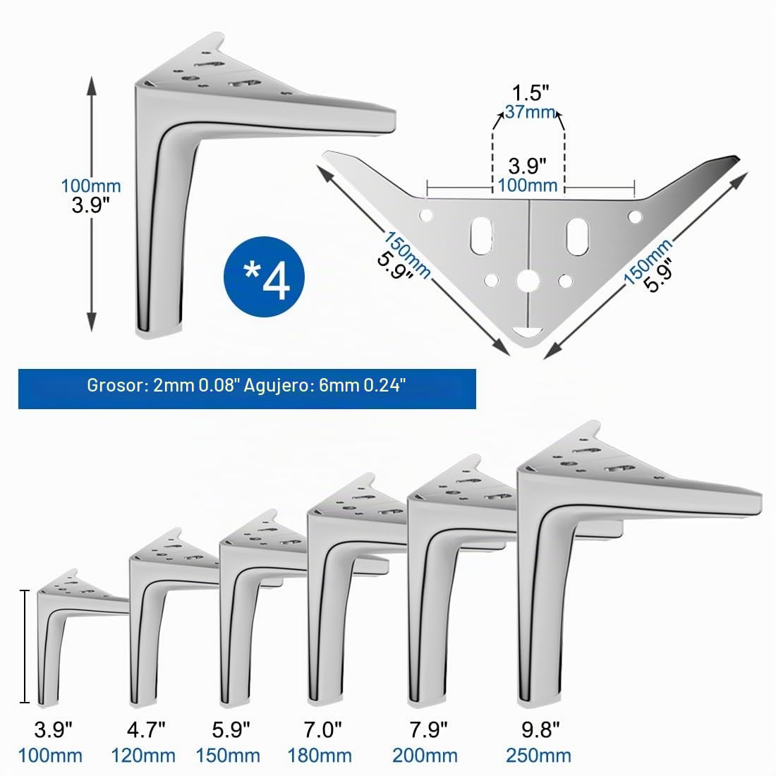 Genérico 4 Pcs Patas para Muebles de Acero INOX, Patas de Muebles Metal, Pies para Sofá de Repuesto,Negro Dorado Plata con y Almohadillas de Goma 4" 5" 6" 7" 8" 10"(Silver,H 10''/25cm)