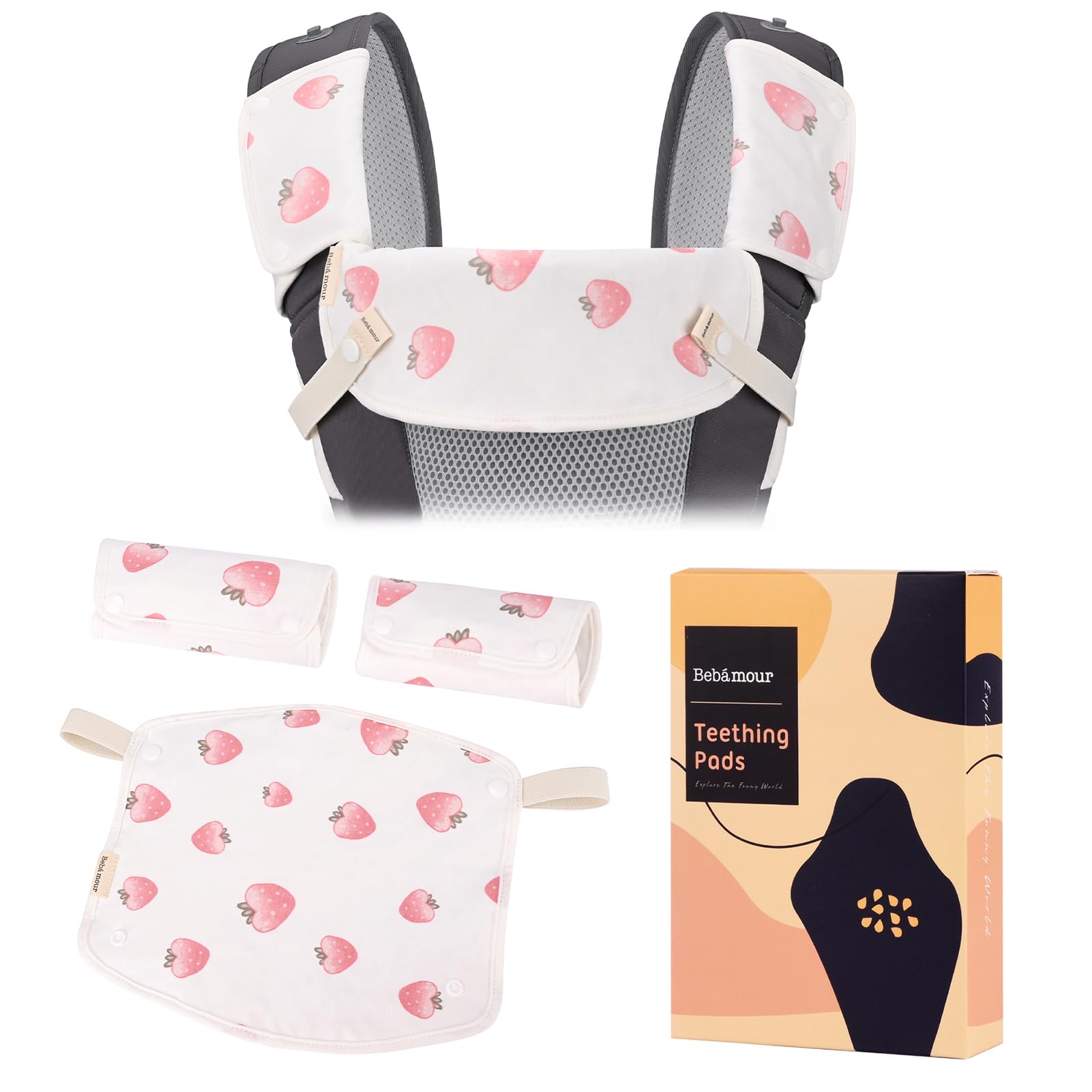 bebear Sucking Pads for Baby Carrier Teething Pads Drool Bibs Cotton 3PC Fits All Brands Baby Carrier, Strawberry - Image 4