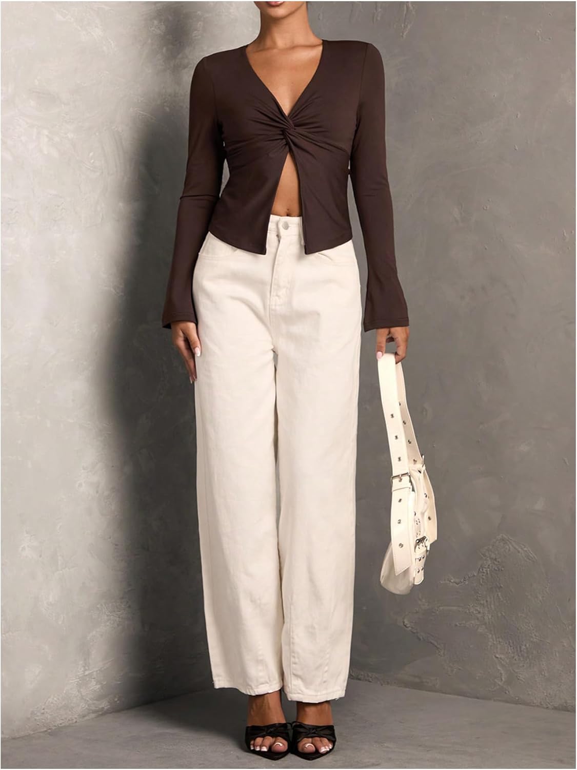 Verdusa Women's Twist Front Long Sleeve Shirts Deep V Neck Fitted Crop Tee Y2K Going Out Tops - Image 6