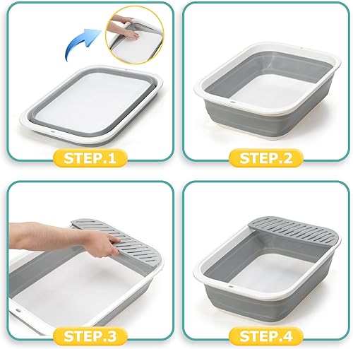 Miniatura 7 de Caja de arena para gatos con parte superior abierta, grande, plegable, para gatos, lados ajustables en altura, antisalpicaduras, sartén para gatos