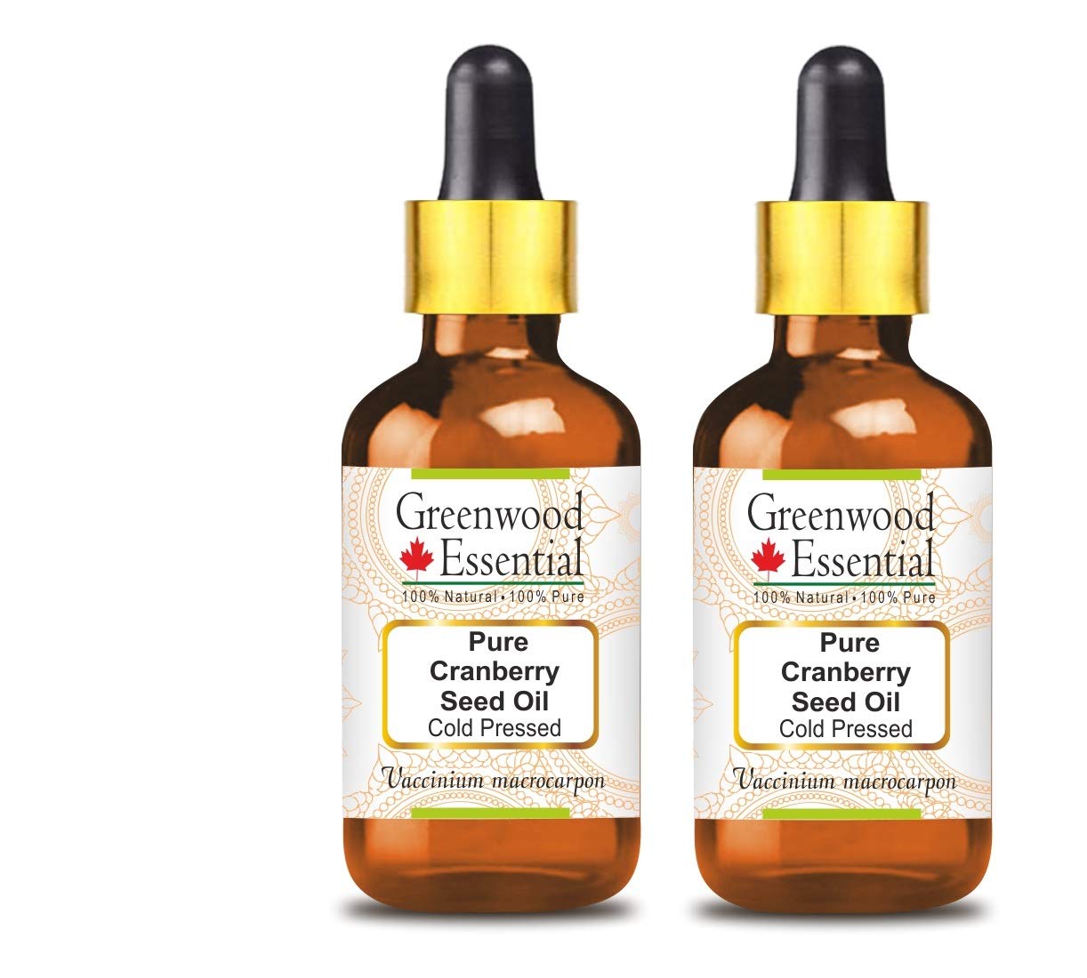 Greenwood Essential Pure Cranberry Seed Oil (Vaccinium macrocarpon) with Glass Dropper Cold Pressed (Pack of Two) 100ml X 2 (6.76 oz)