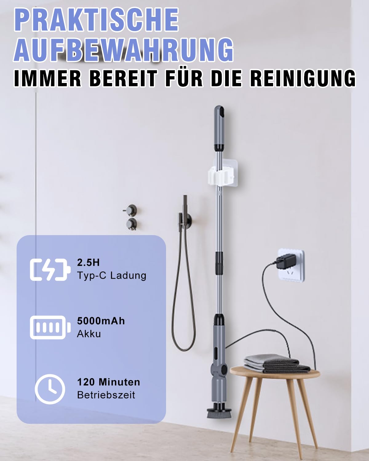 Elektrische Reinigungsbürste, IPX8 wasserdicht, 50 kg Drehmoment | elektrische Putzbürste mit 8 Bürstenköpfen, zusammenklappbar, Electric Spin Scrubber schnurlos für Bad, Küche, Auto