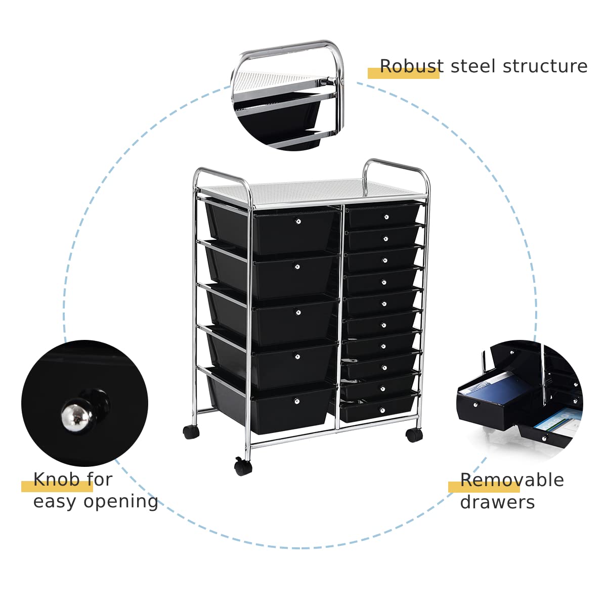 Carrito de almacenamiento de 15 cajones con ruedas bloqueables, organizador móvil multiusos para el hogar, oficina, papelería, belleza y salón de belleza, carrito rodante (negro)