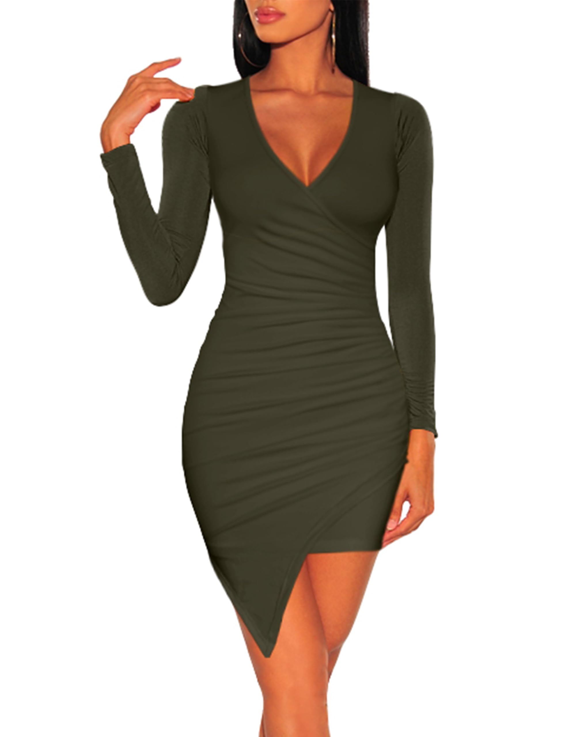 ZileZile Women's Sexy Bodycon Long Sleeve Ruched Deep V Neck Wrap Club Mini Dress