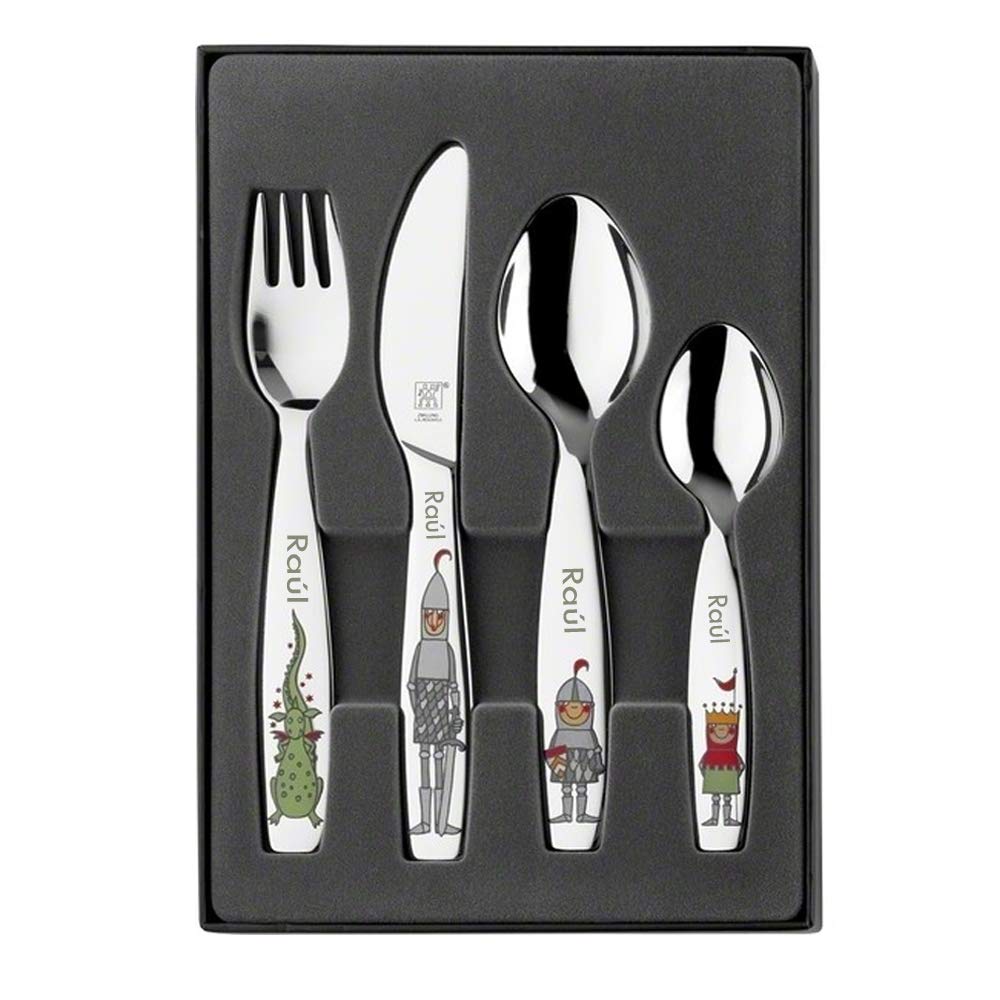 Curia Grabador - Juego de Cubiertos Infantiles Personalizados de Acero Inoxidable 18/10 - Nombre Grabado - Regalo Ideal para Nacimientos y Cumpleaños, Metal modelo CABALLEROS