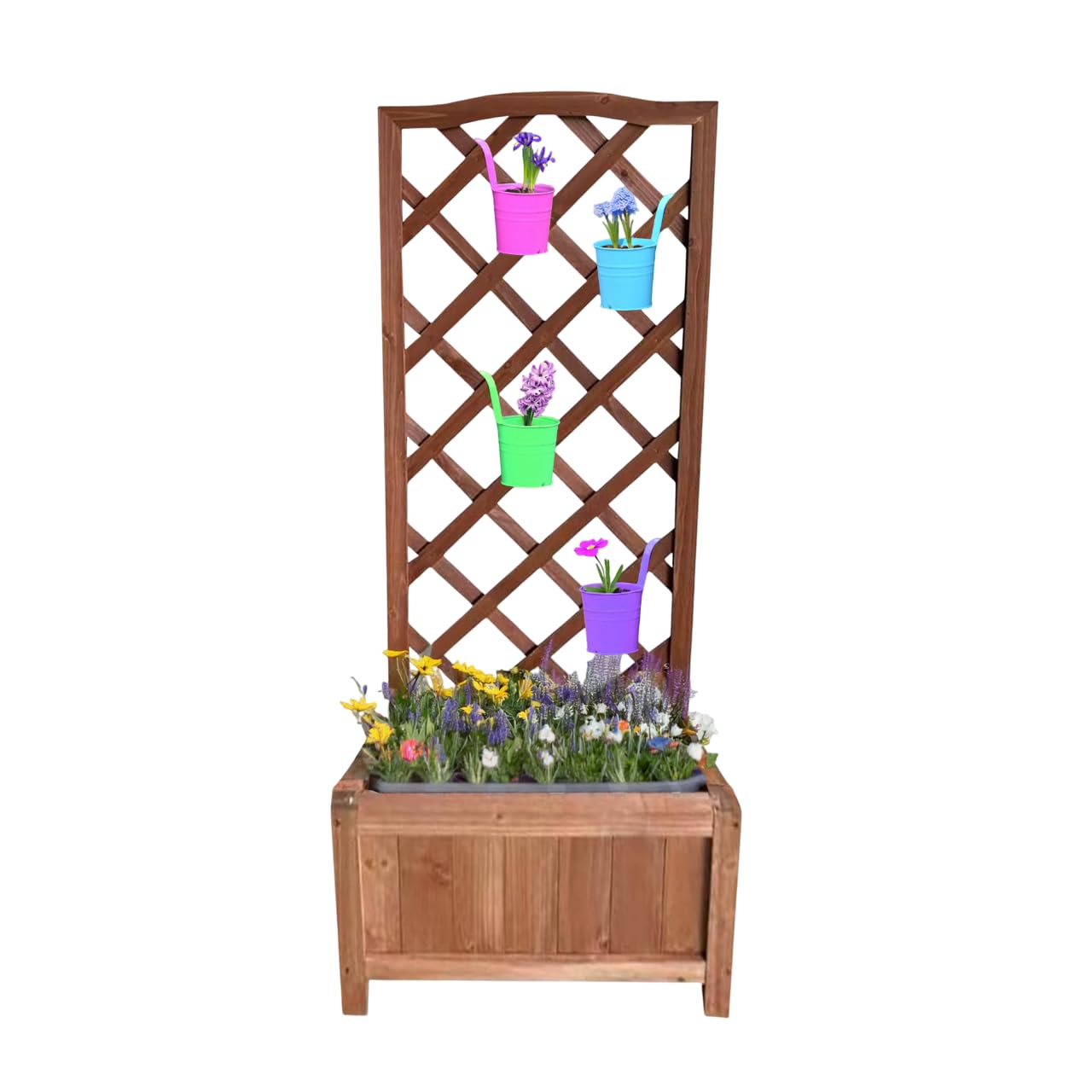 Large Wooden Garden Trough Planter Box - Rectangular Freestanding Flower Wood Container Window Box with Trellis | Heavy Duty Raised Bed & Climbing Frame Grid Brown - Outdoor Use Patio Yard