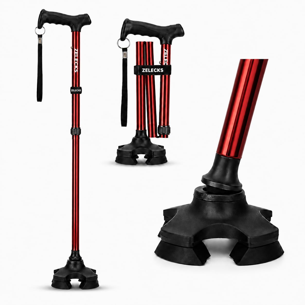 ZELECKS Bastón para caminar para mujeres y hombres, bastón plegable ajustable de pie con mango en T y base giratoria de 360 grados, bastón plegable ligero para personas mayores, bastón plegable para