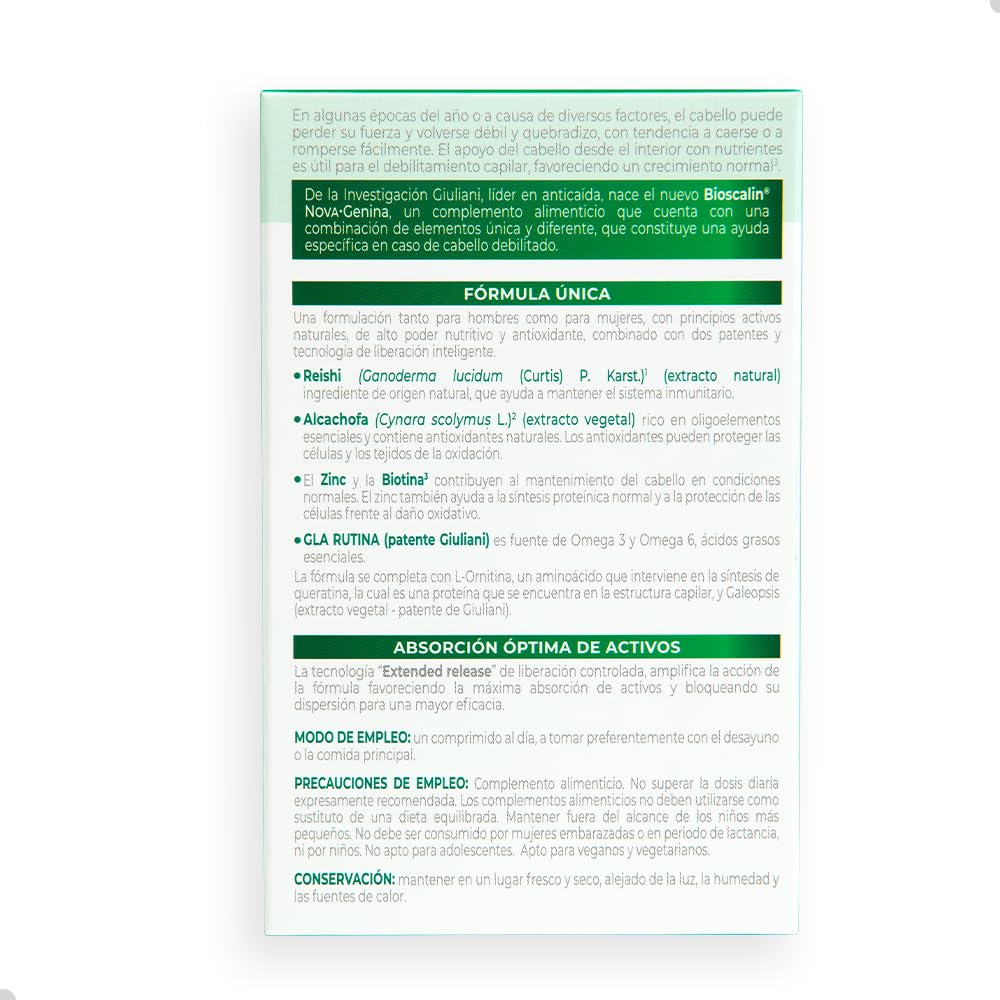 Bioscalin - NOVA·Genina 90 Comprimidos - Tratamiento para Fuerza, Volumen y Brillo Capilar - Con Zinc, Biotina y Tecnología de Liberación Gradual - Suministro para 3 Meses Completos