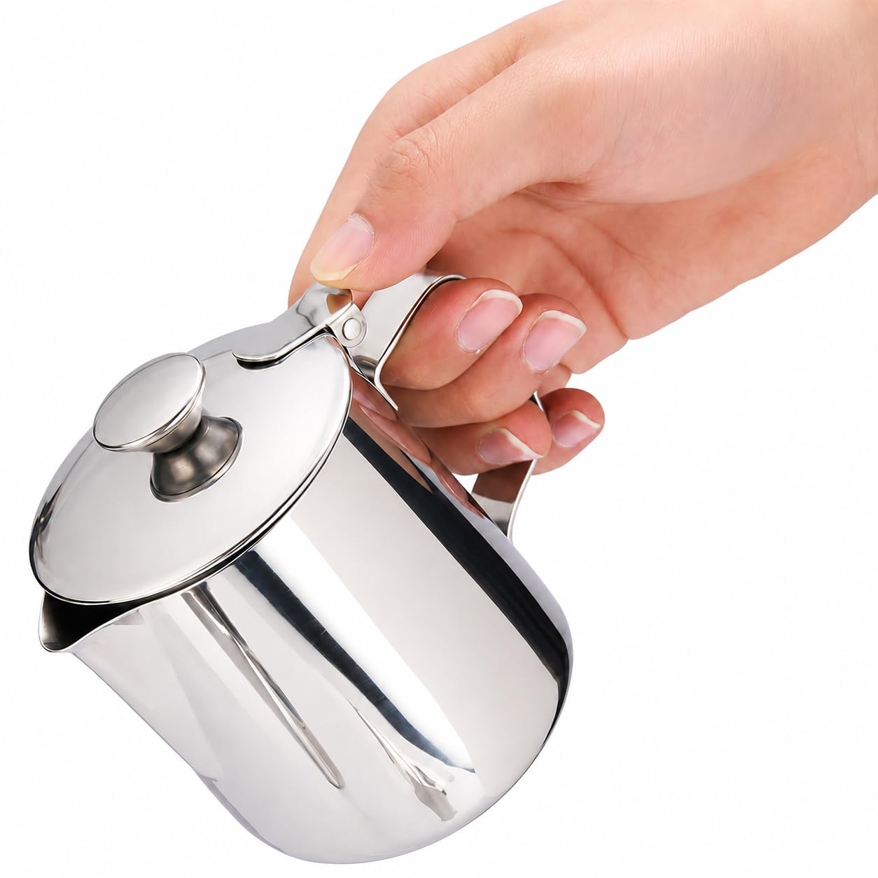 VOBOR Pentolino Latte In Acciaio Inossidabile, Brocca Per Tazza Da Caffè Con Coperchio Per Schiuma Di Latte Art (350 Ml)