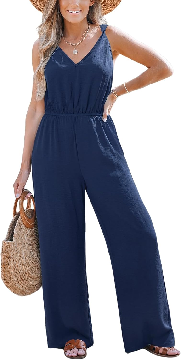 CUPSHE Women's Romper Woven V Neck Sleeveless Knotted Shoulder Straps Wide leg Jumpsuit Outfit Casual Dressy