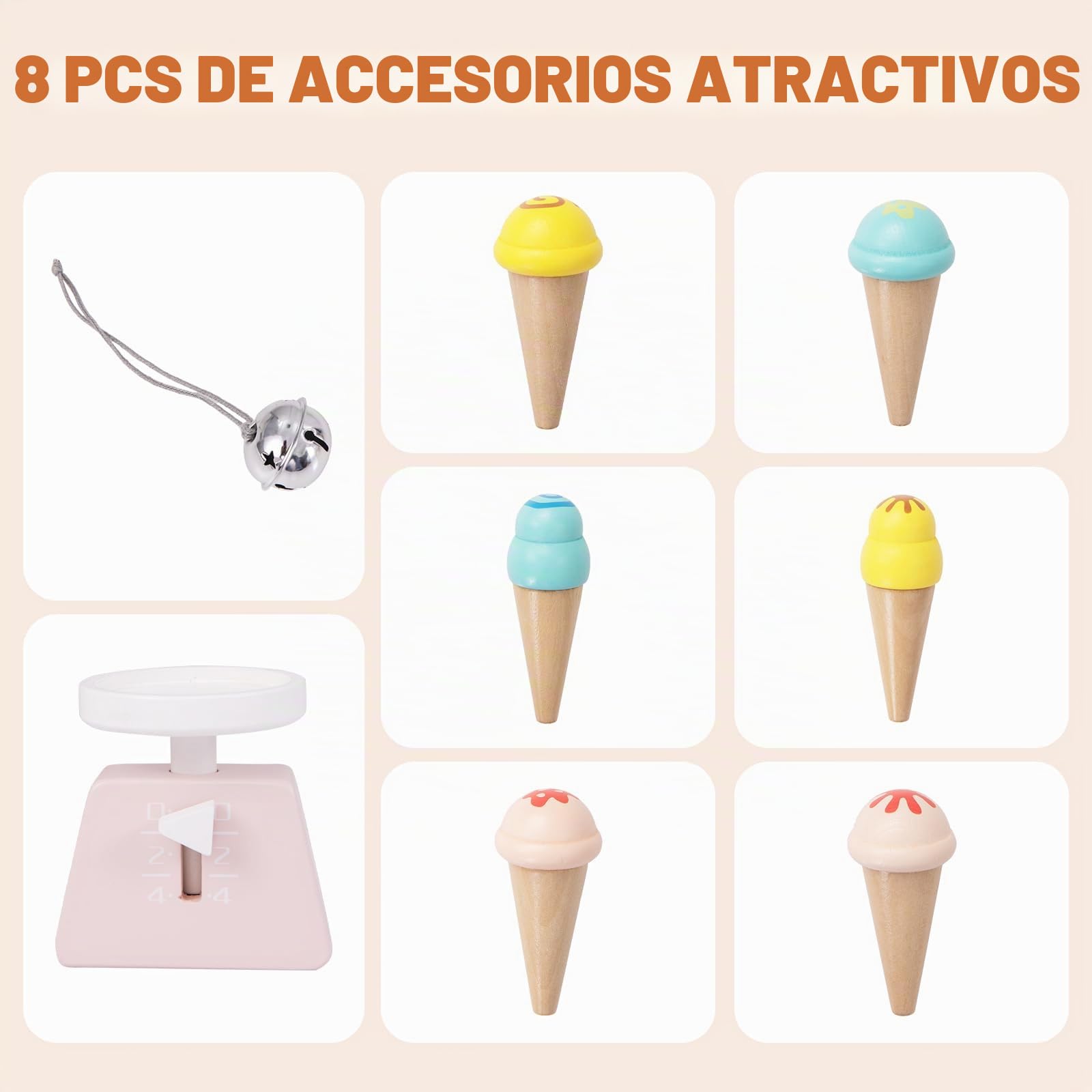 HOMASIS Carrito de Helados Infantil con Accesorios, Tienda de Madera con 2 estantes, heladería con Ruedas móviles y toldo, Juego de casita de muñecas para niños 3+ años, 79,5x29,5x100cm (Blanco)