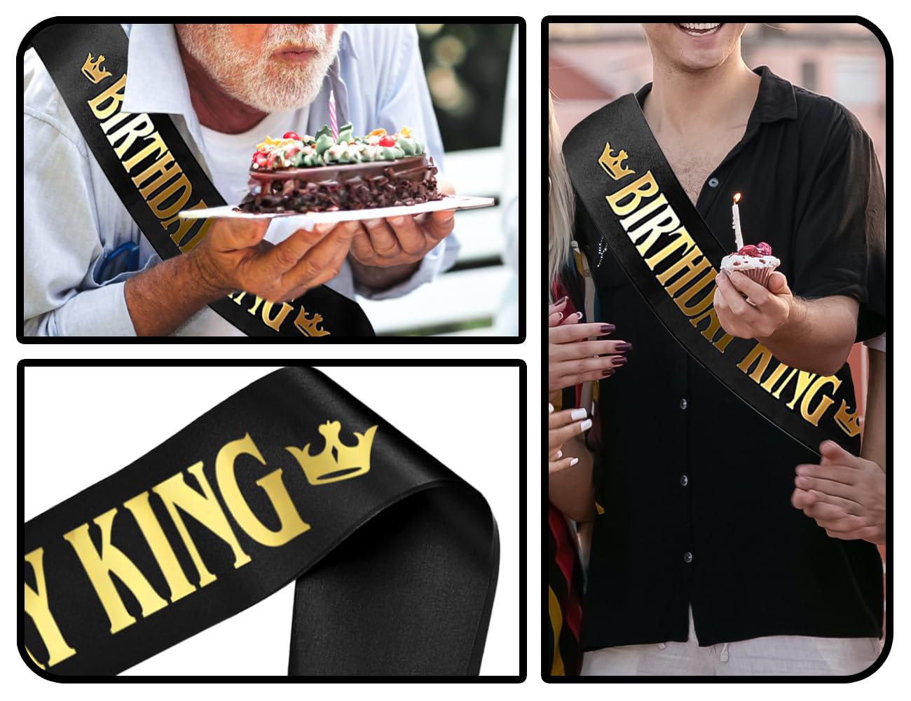 KAPSING Birthday King szarfa urodzinowa, męska szarfa urodzinowa, dekoracja urodzinowa, Boy Sash czarna, baner z okazji urodzin, dekoracja na przyjęcia urodzinowe